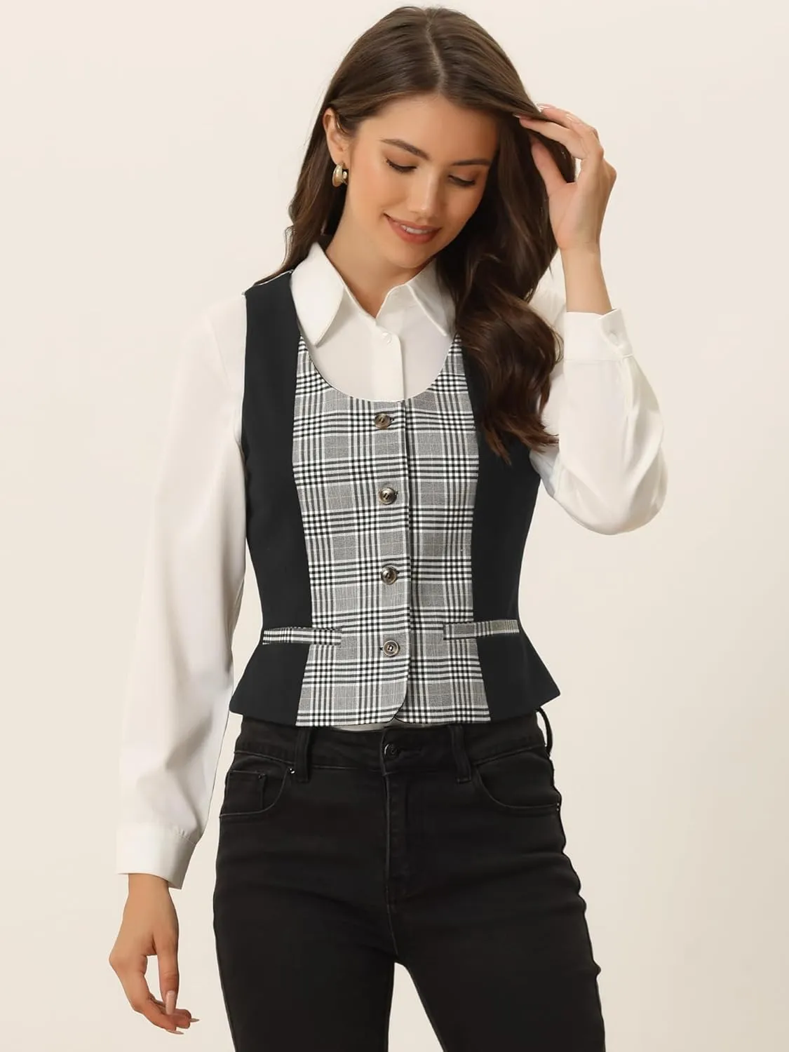 Allegra K Vintage Waistcoat Vest for Women's Plaid Button Down Work Dressy Vests