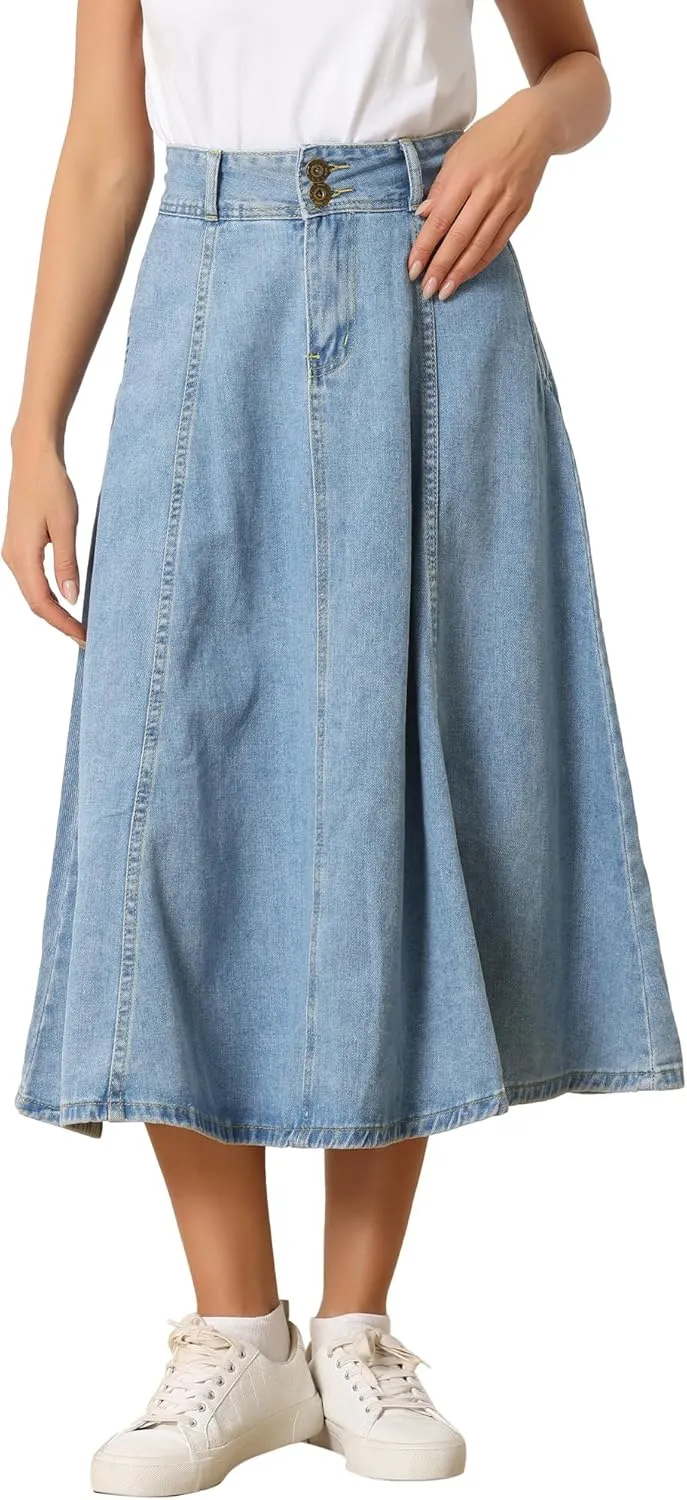 Allegra K Women's Casual Denim Skirt High Waist A-Line Classic Long Jean Skirts