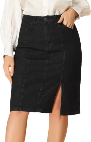 Allegra K Women's Denim Skirt High Waist Stretch Side Slit Pencil Jean Skirts with Pockets