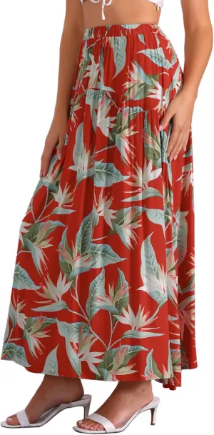 Allegra K Women's Floral Skirt Elastic High Waist Bohemian Beach A-line Maxi Boho Skirts