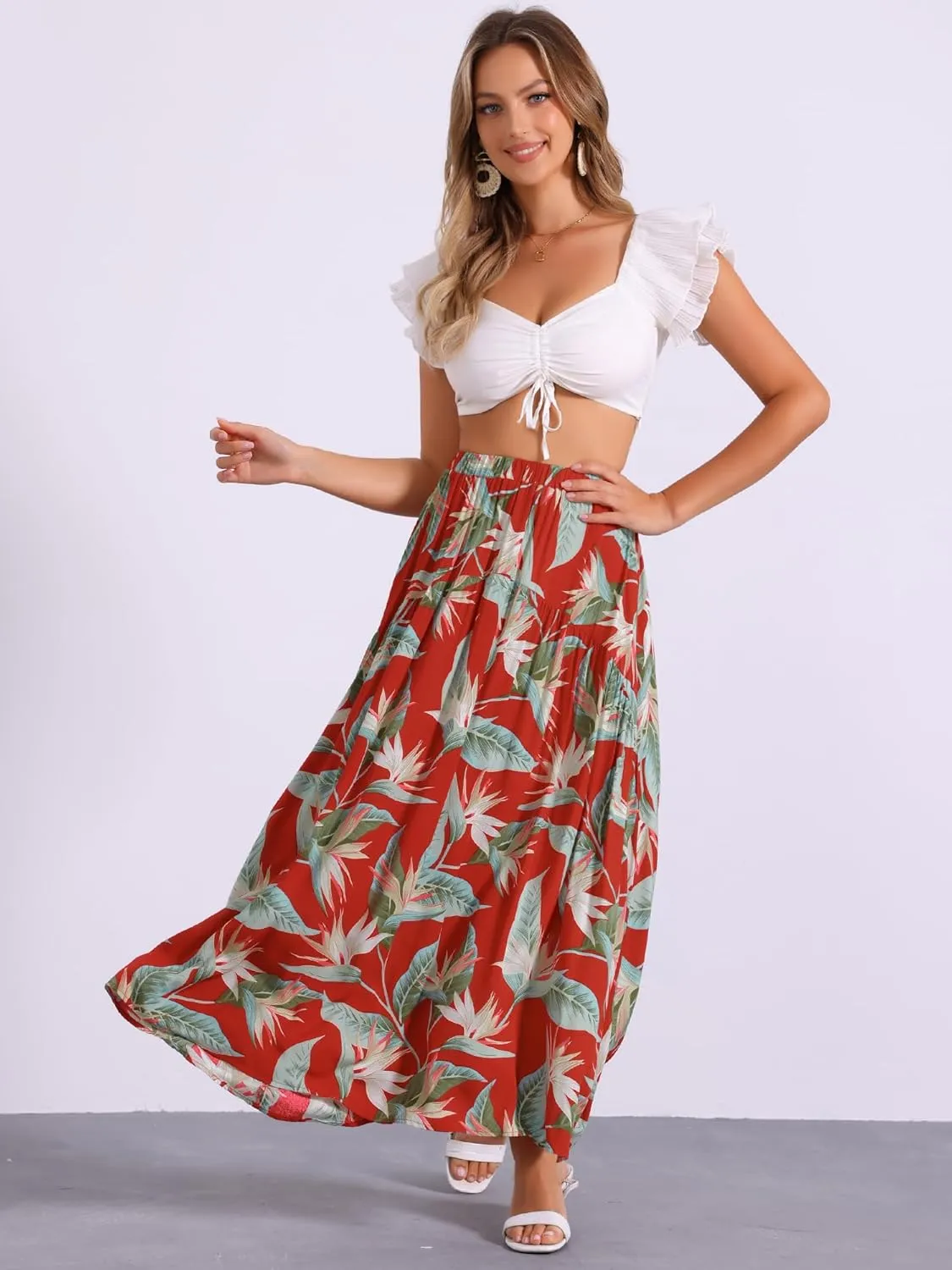 Allegra K Women's Floral Skirt Elastic High Waist Bohemian Beach A-line Maxi Boho Skirts