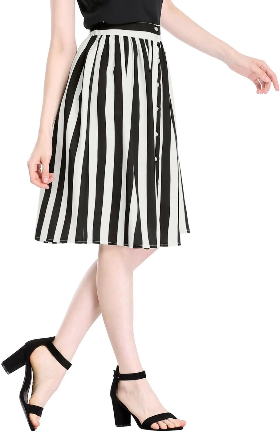 Allegra K Women's Striped Button Front Elastic Back Waist A-Line Midi Skirt