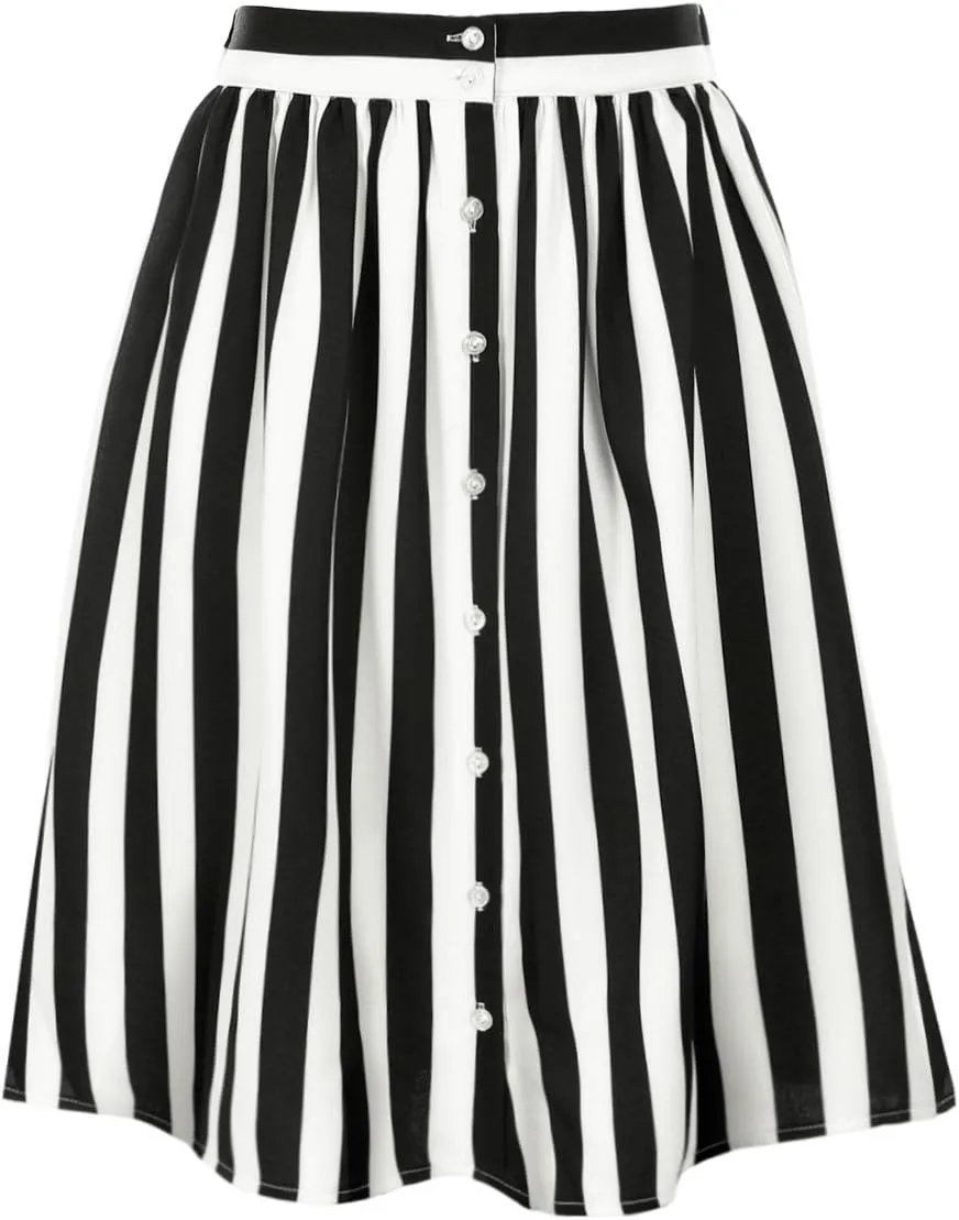 Allegra K Women's Striped Button Front Elastic Back Waist A-Line Midi Skirt