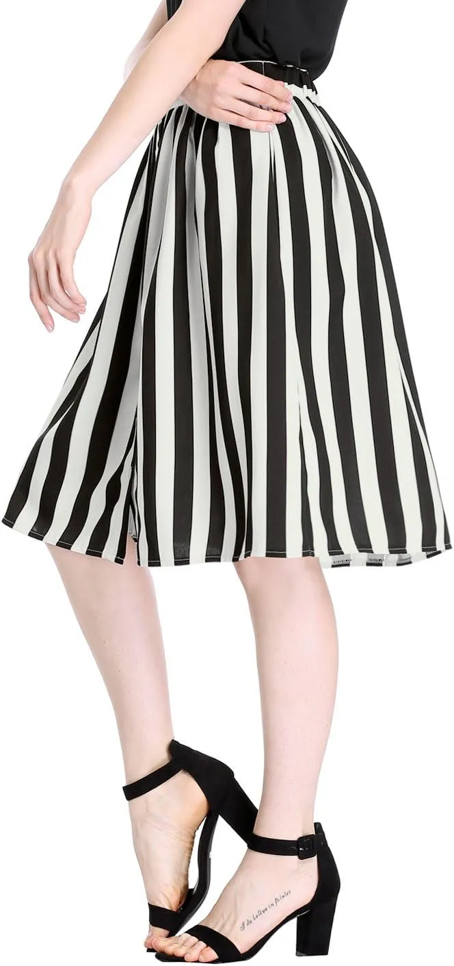 Allegra K Women's Striped Button Front Elastic Back Waist A-Line Midi Skirt