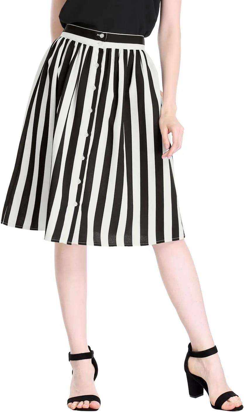 Allegra K Women's Striped Button Front Elastic Back Waist A-Line Midi Skirt