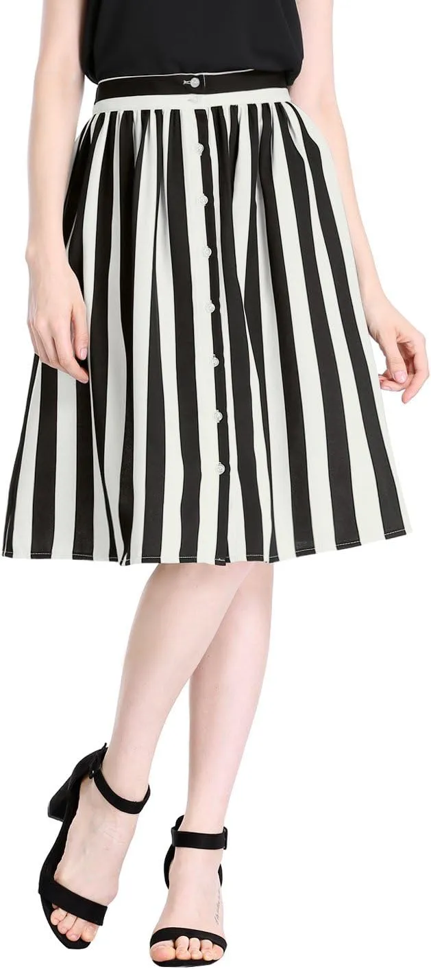 Allegra K Women's Striped Button Front Elastic Back Waist A-Line Midi Skirt