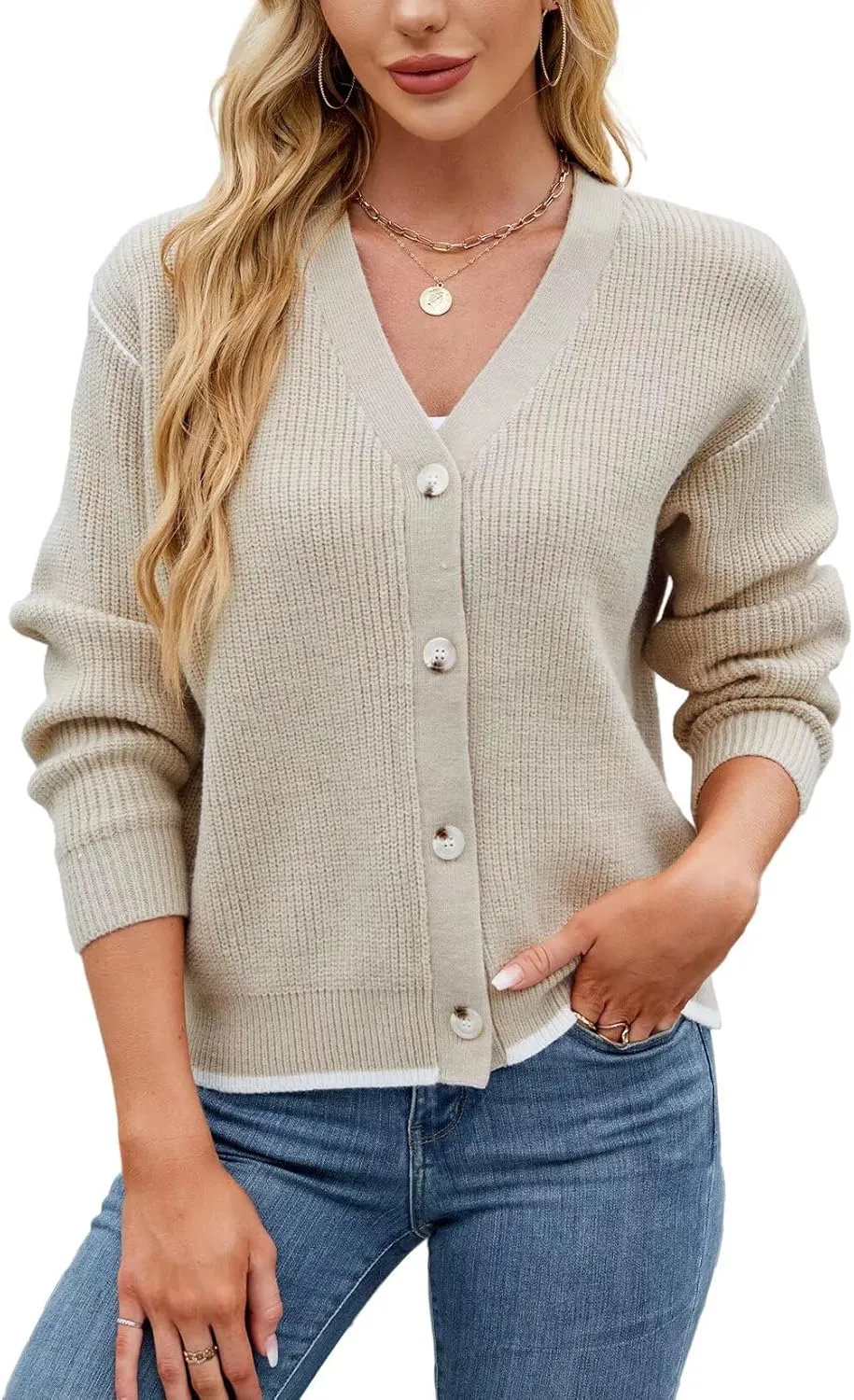 Allimy Womens Slouchy Contrast Tipping Imitation Cashmere Short Cardigan Sweaters for Women Fall Fashion 2025 Trendy Coats