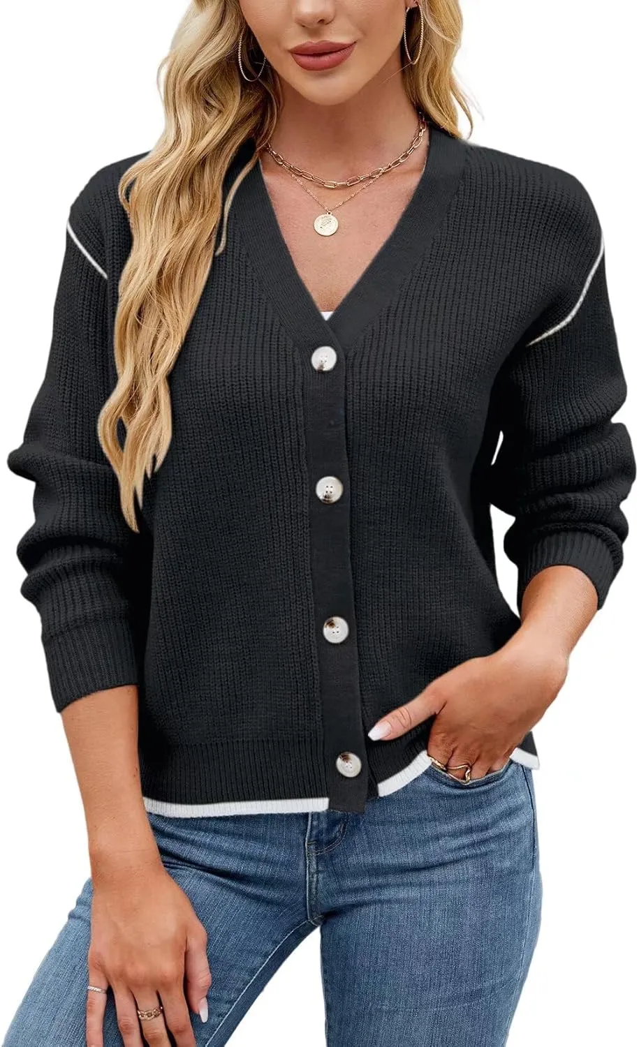 Allimy Womens Slouchy Contrast Tipping Imitation Cashmere Short Cardigan Sweaters for Women Fall Fashion 2025 Trendy Coats