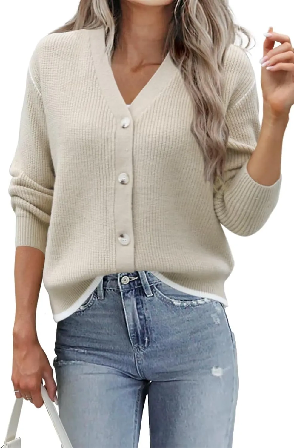 Allimy Womens Slouchy Contrast Tipping Imitation Cashmere Short Cardigan Sweaters for Women Fall Fashion 2025 Trendy Coats