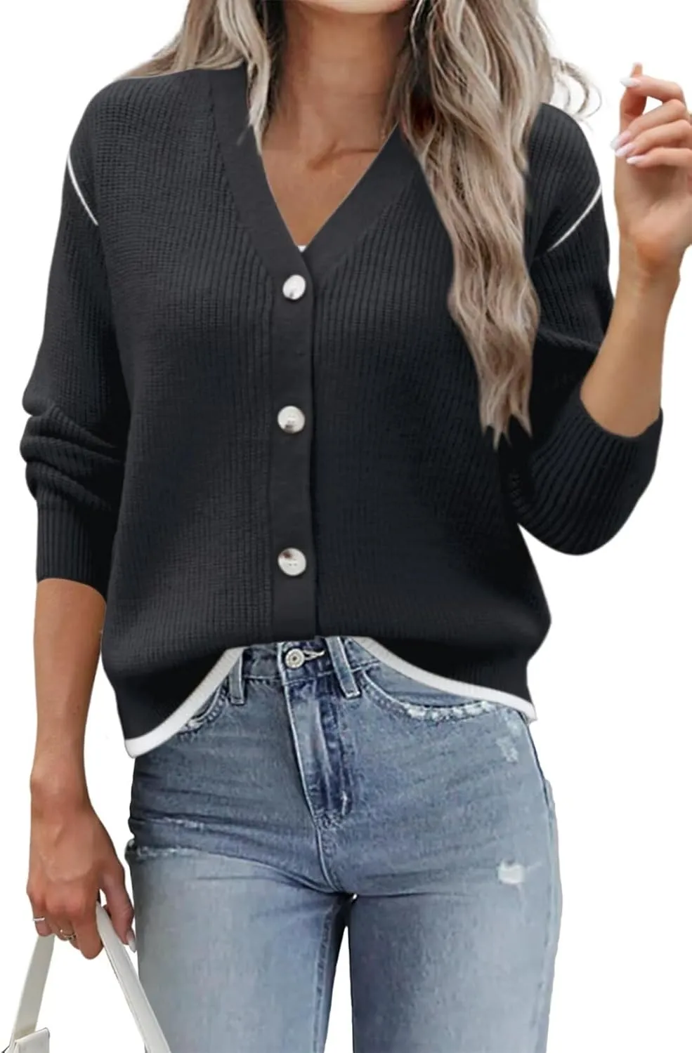Allimy Womens Slouchy Contrast Tipping Imitation Cashmere Short Cardigan Sweaters for Women Fall Fashion 2025 Trendy Coats