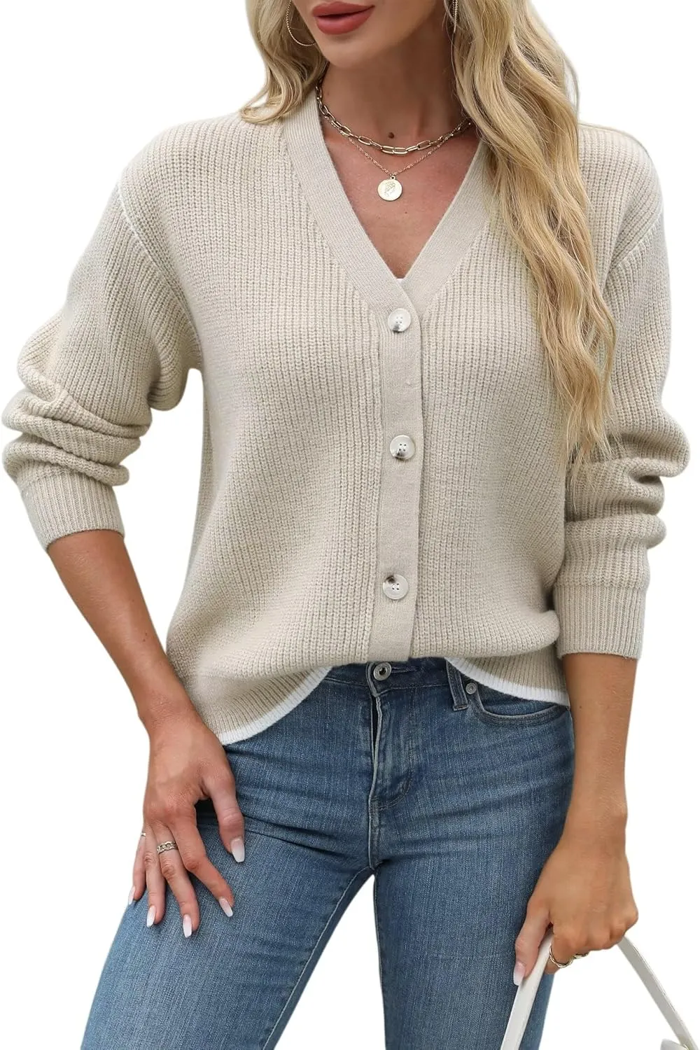 Allimy Womens Slouchy Contrast Tipping Imitation Cashmere Short Cardigan Sweaters for Women Fall Fashion 2025 Trendy Coats