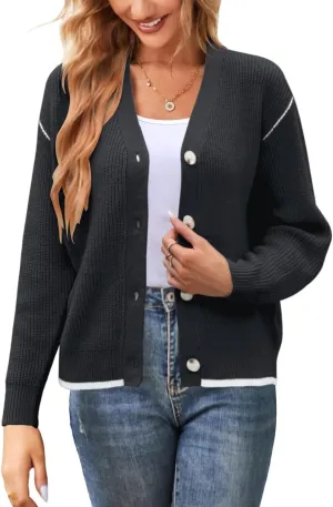 Allimy Womens Slouchy Contrast Tipping Imitation Cashmere Short Cardigan Sweaters for Women Fall Fashion 2025 Trendy Coats