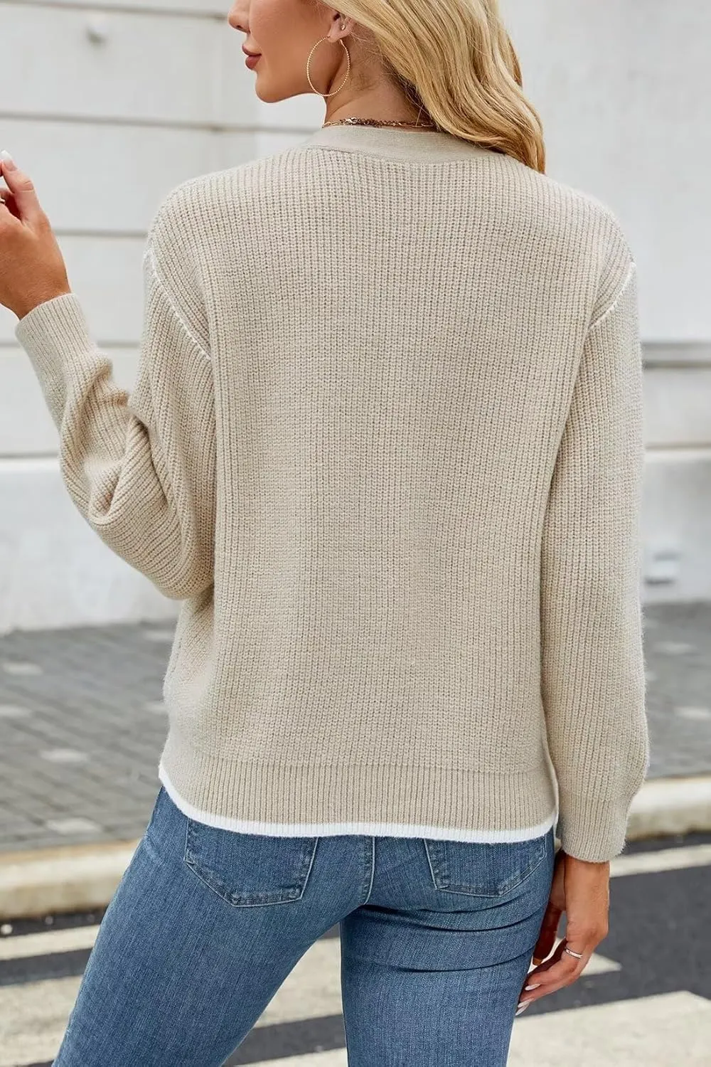Allimy Womens Slouchy Contrast Tipping Imitation Cashmere Short Cardigan Sweaters for Women Fall Fashion 2025 Trendy Coats