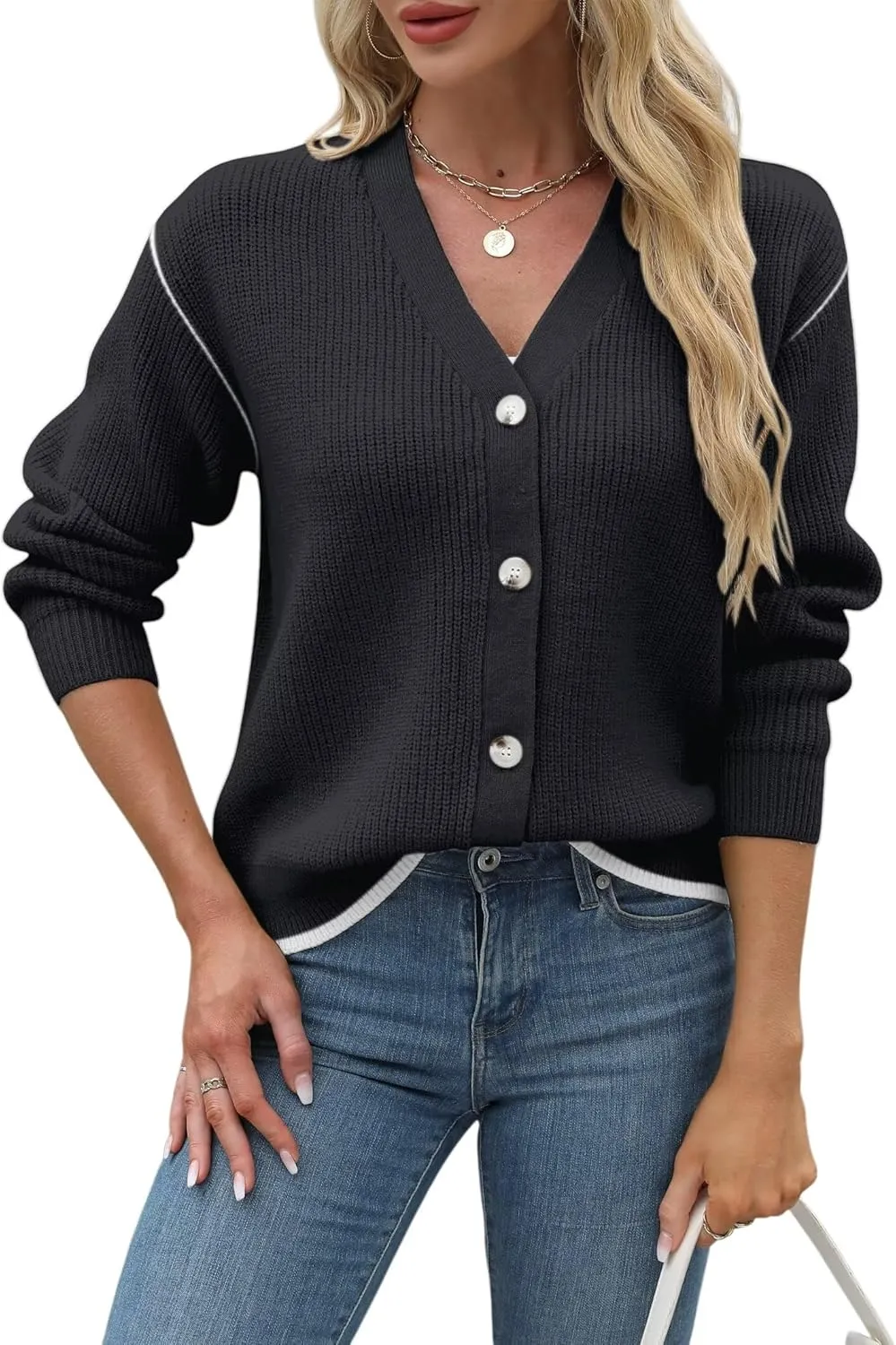 Allimy Womens Slouchy Contrast Tipping Imitation Cashmere Short Cardigan Sweaters for Women Fall Fashion 2025 Trendy Coats