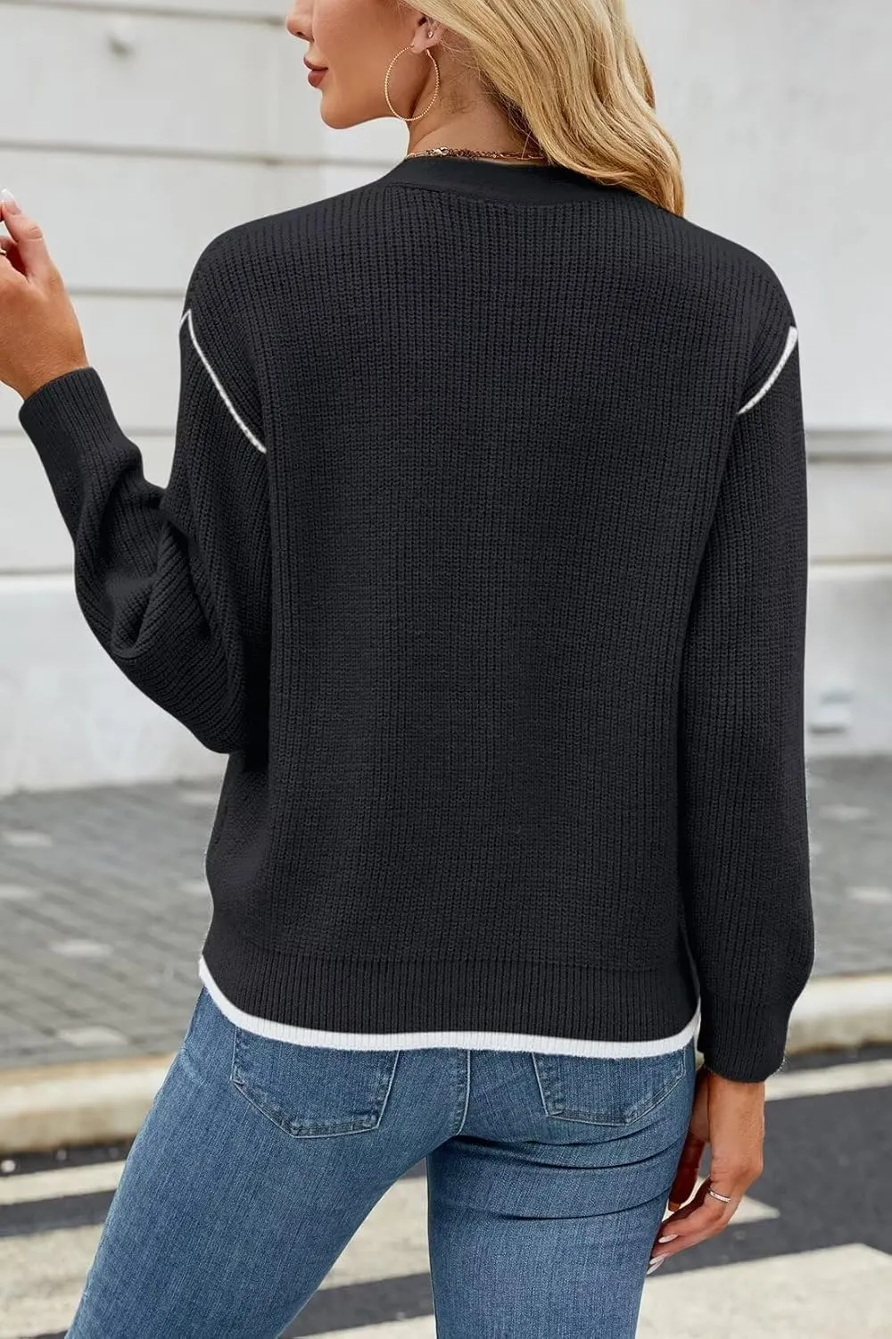 Allimy Womens Slouchy Contrast Tipping Imitation Cashmere Short Cardigan Sweaters for Women Fall Fashion 2025 Trendy Coats