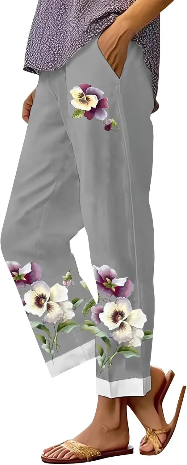 Alzheimer Pants for Women 2024 Linen Capri Pants Cropped Palazzo Trousers Boho High Waisted Tapered Harem Pants