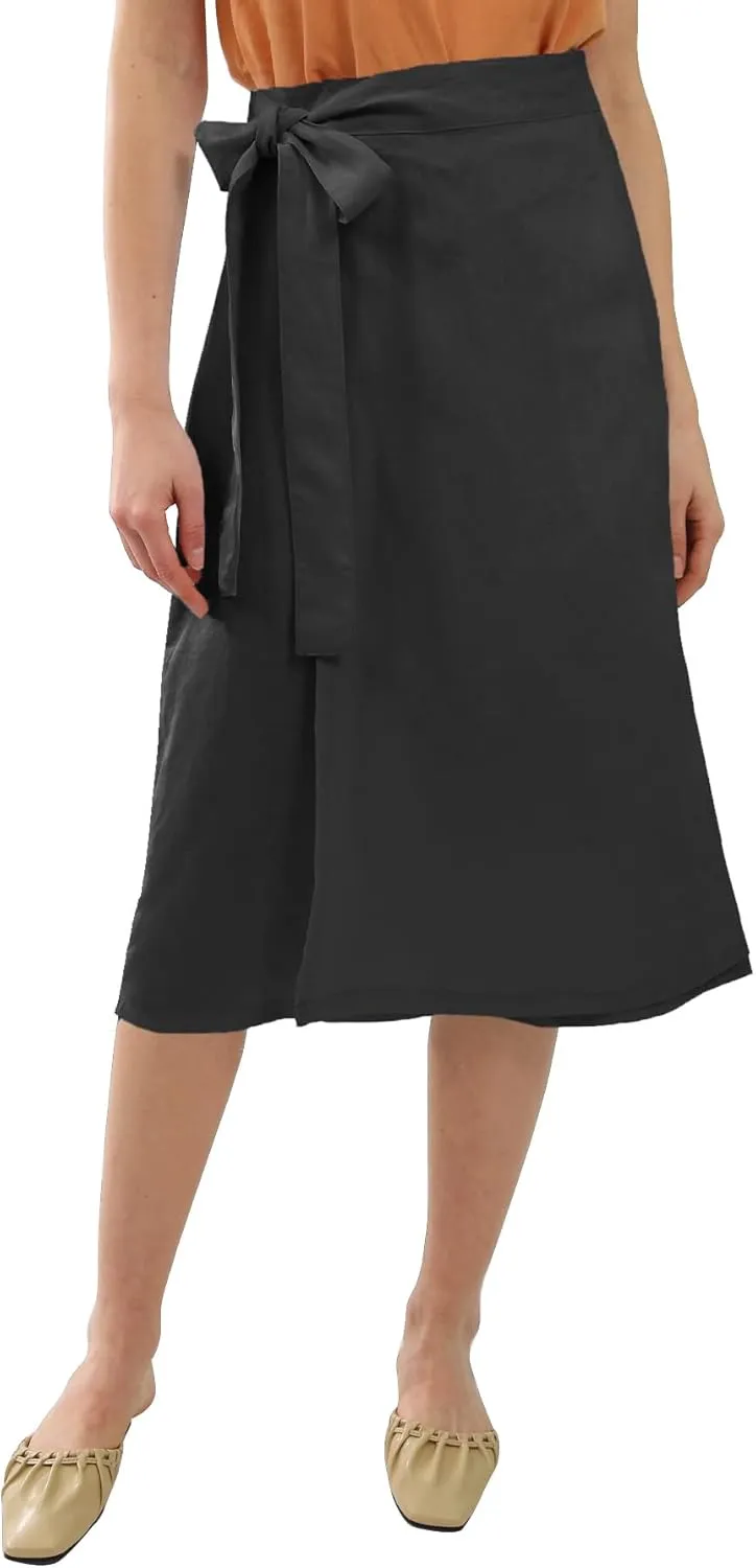 Amazhiyu Womens Pure Linen Summer Beach Midi Side Wrap Slit Skirt Causal