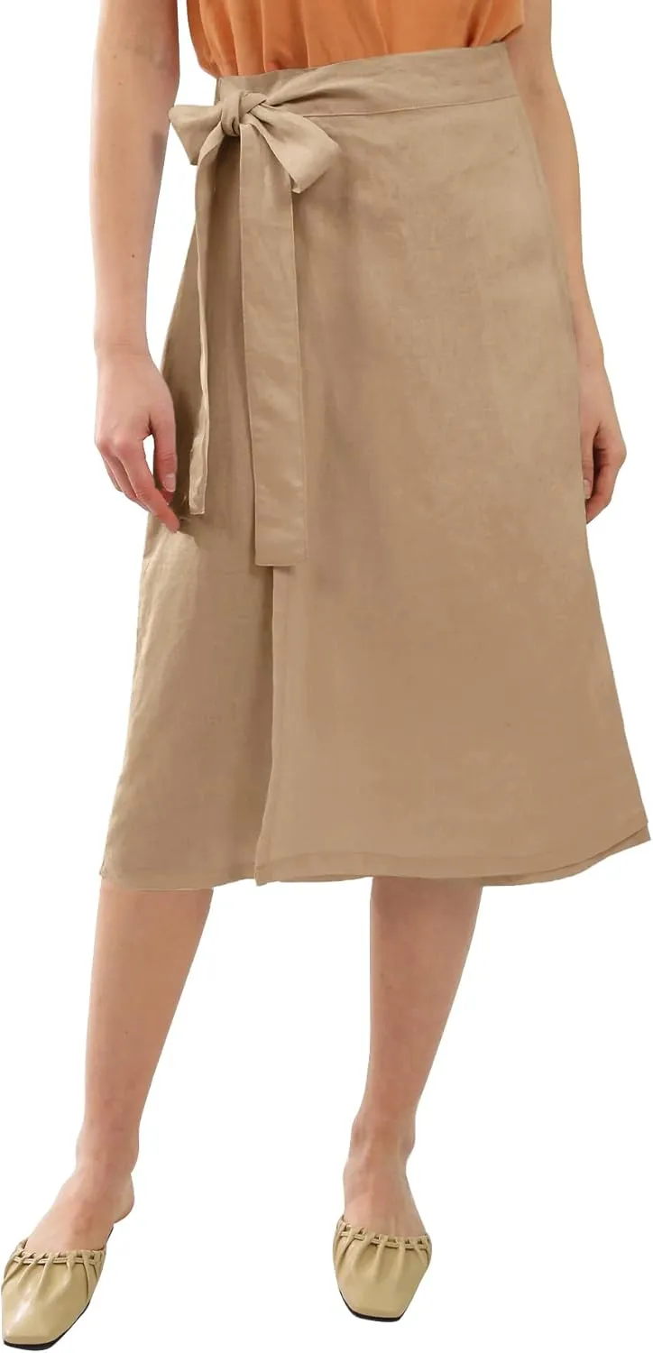 Amazhiyu Womens Pure Linen Summer Beach Midi Side Wrap Slit Skirt Causal