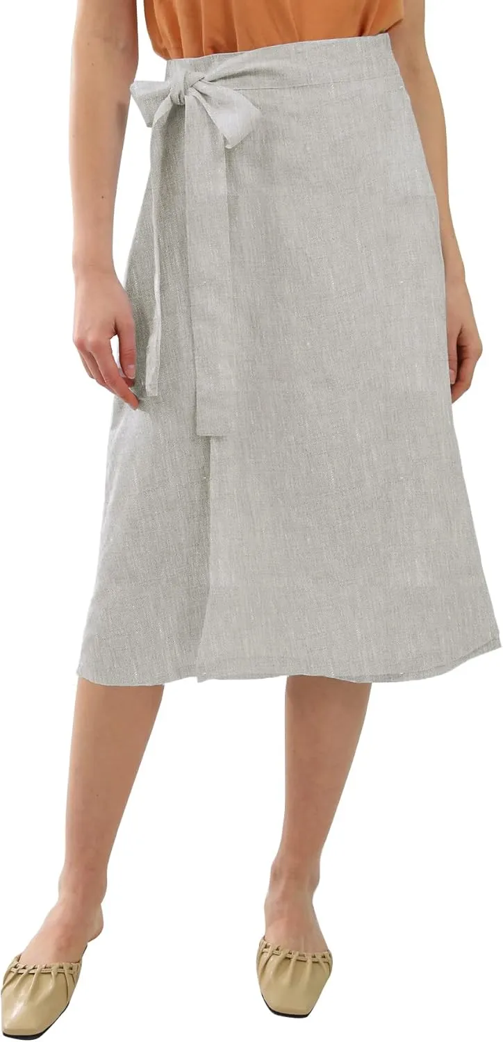 Amazhiyu Womens Pure Linen Summer Beach Midi Side Wrap Slit Skirt Causal