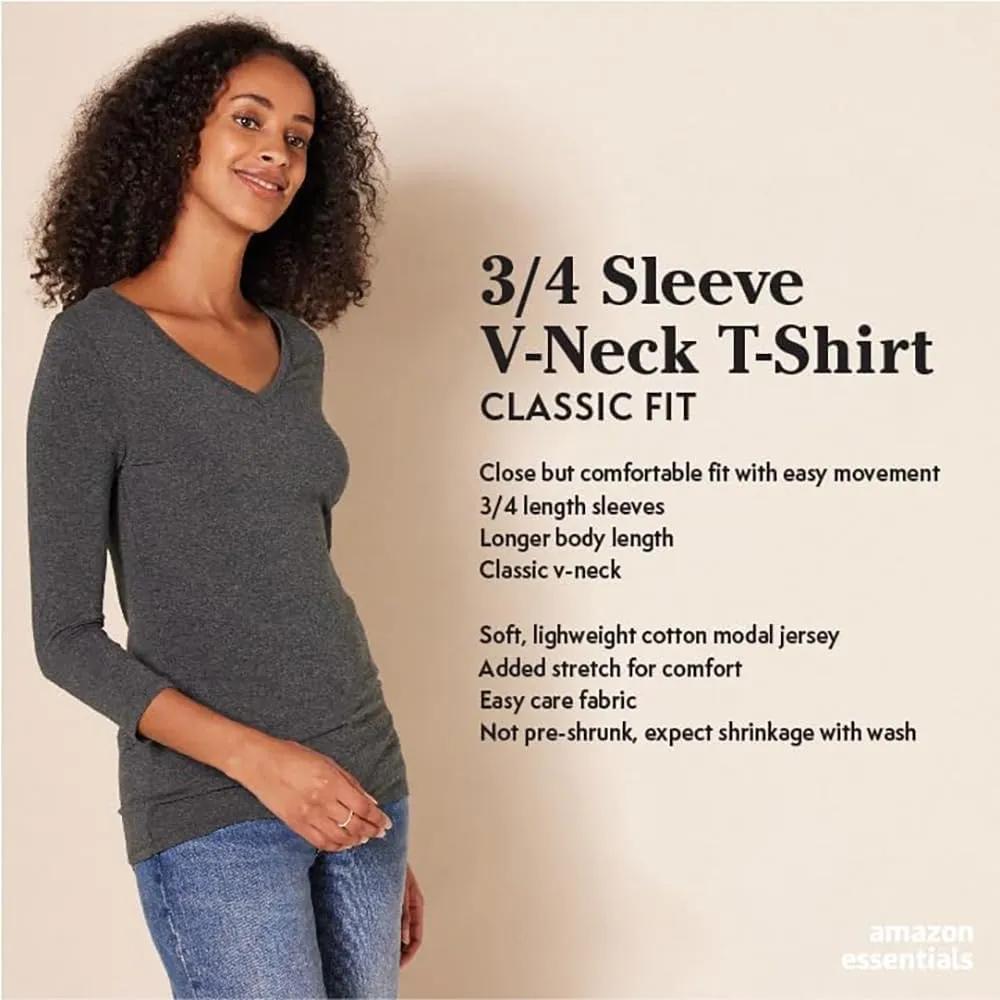 Amazon Essentials Women's Classic-Fit 3/4 Sleeve V-Neck T-Shirt (Available in Plus Size), Multipacks
