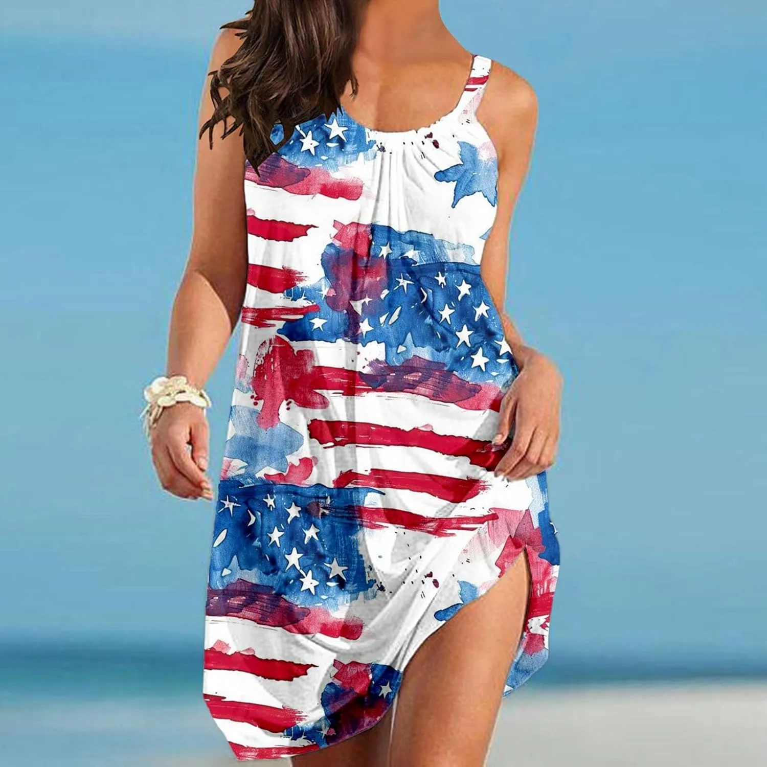 American Flag Dress for Women 4th of July Outfits Patriotic Strapless Independence Day Printed Dress Boho Summer Beach