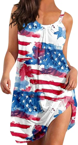 American Flag Dress for Women 4th of July Outfits Patriotic Strapless Independence Day Printed Dress Boho Summer Beach