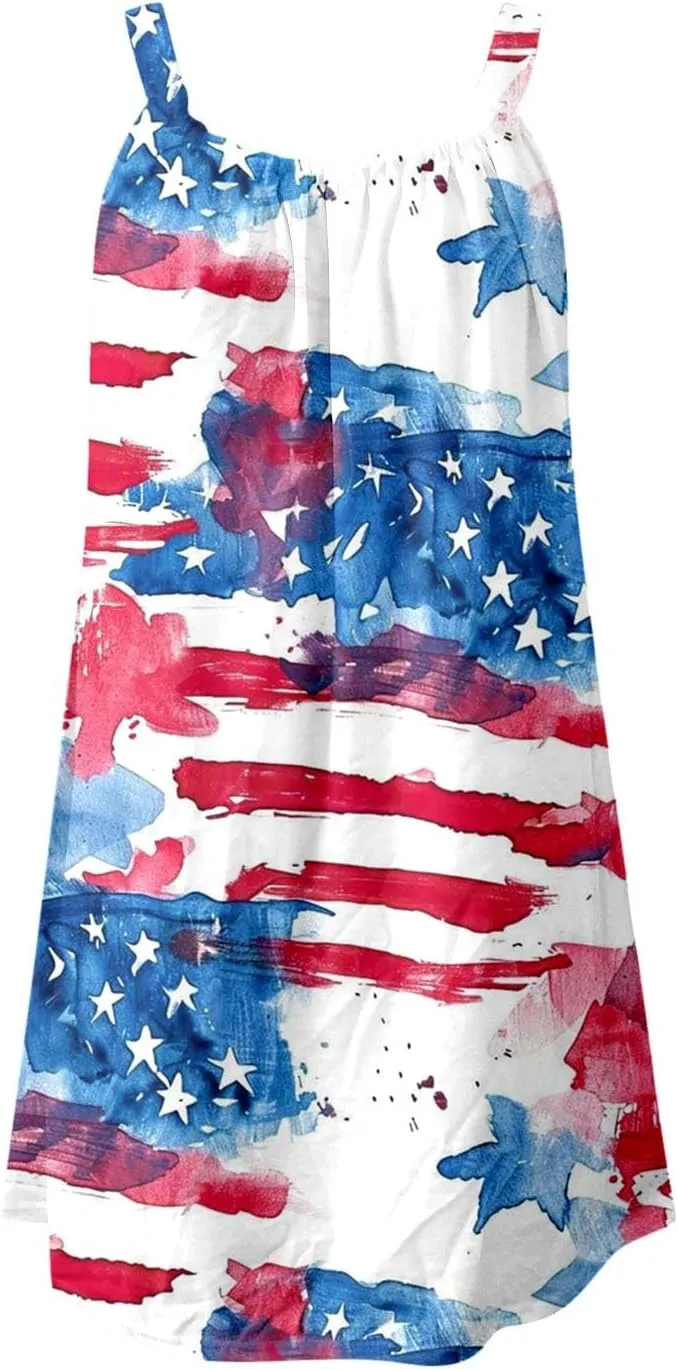 American Flag Dress for Women 4th of July Outfits Patriotic Strapless Independence Day Printed Dress Boho Summer Beach