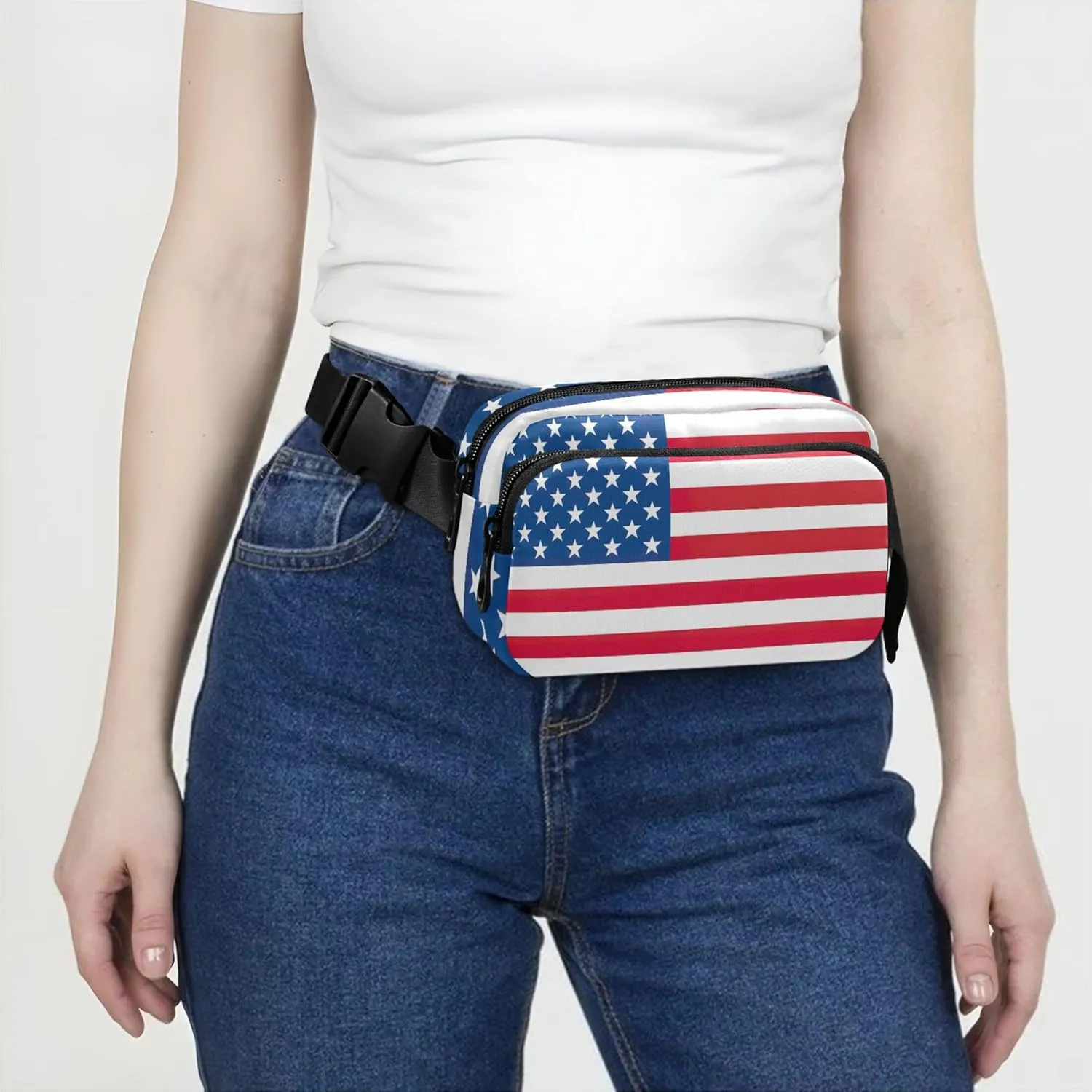 American USA Flag Fanny Packs Women Anti Theft Belt Bag Waterproof Flower Crossbody Waist Purse
