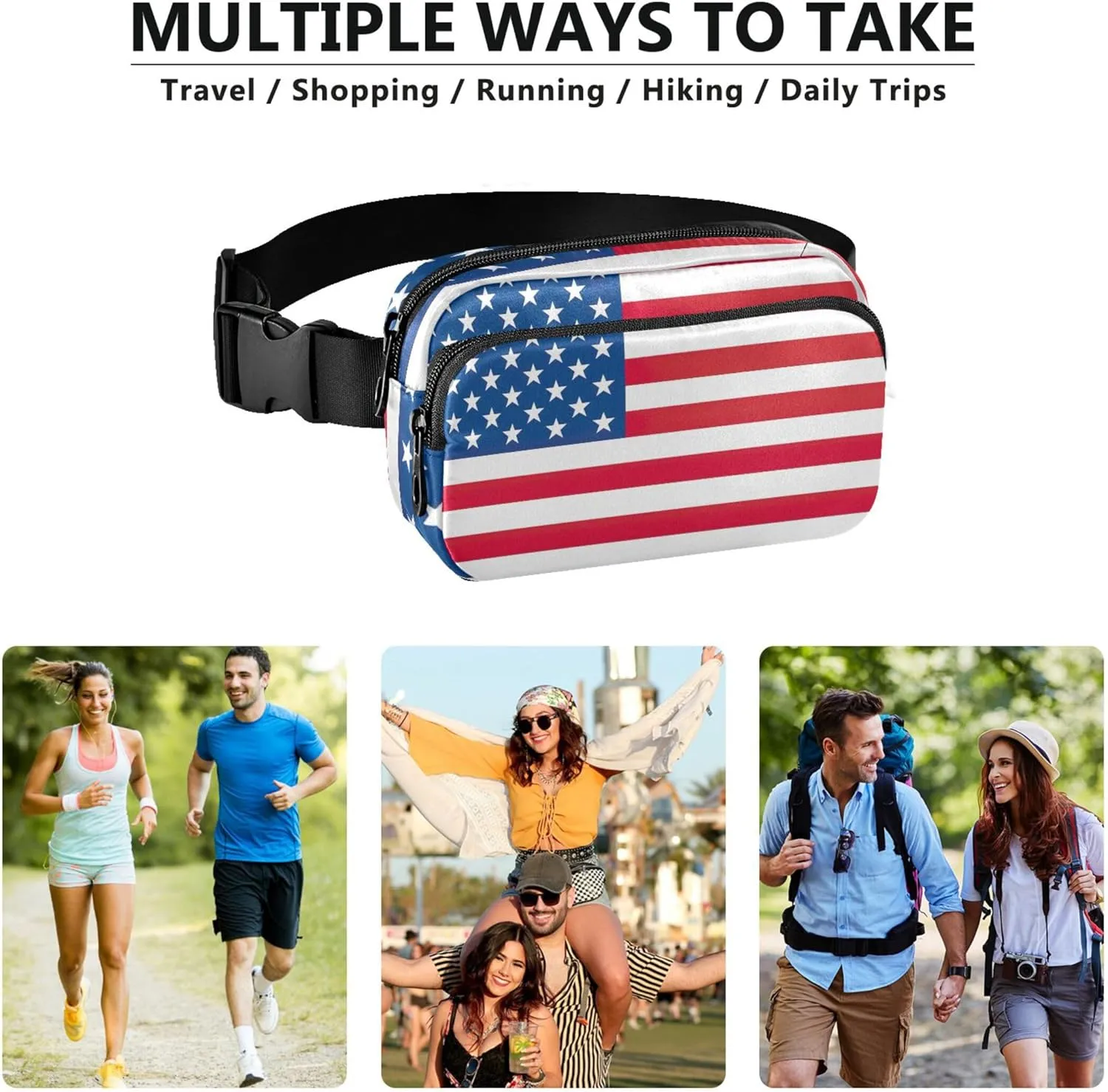 American USA Flag Fanny Packs Women Anti Theft Belt Bag Waterproof Flower Crossbody Waist Purse