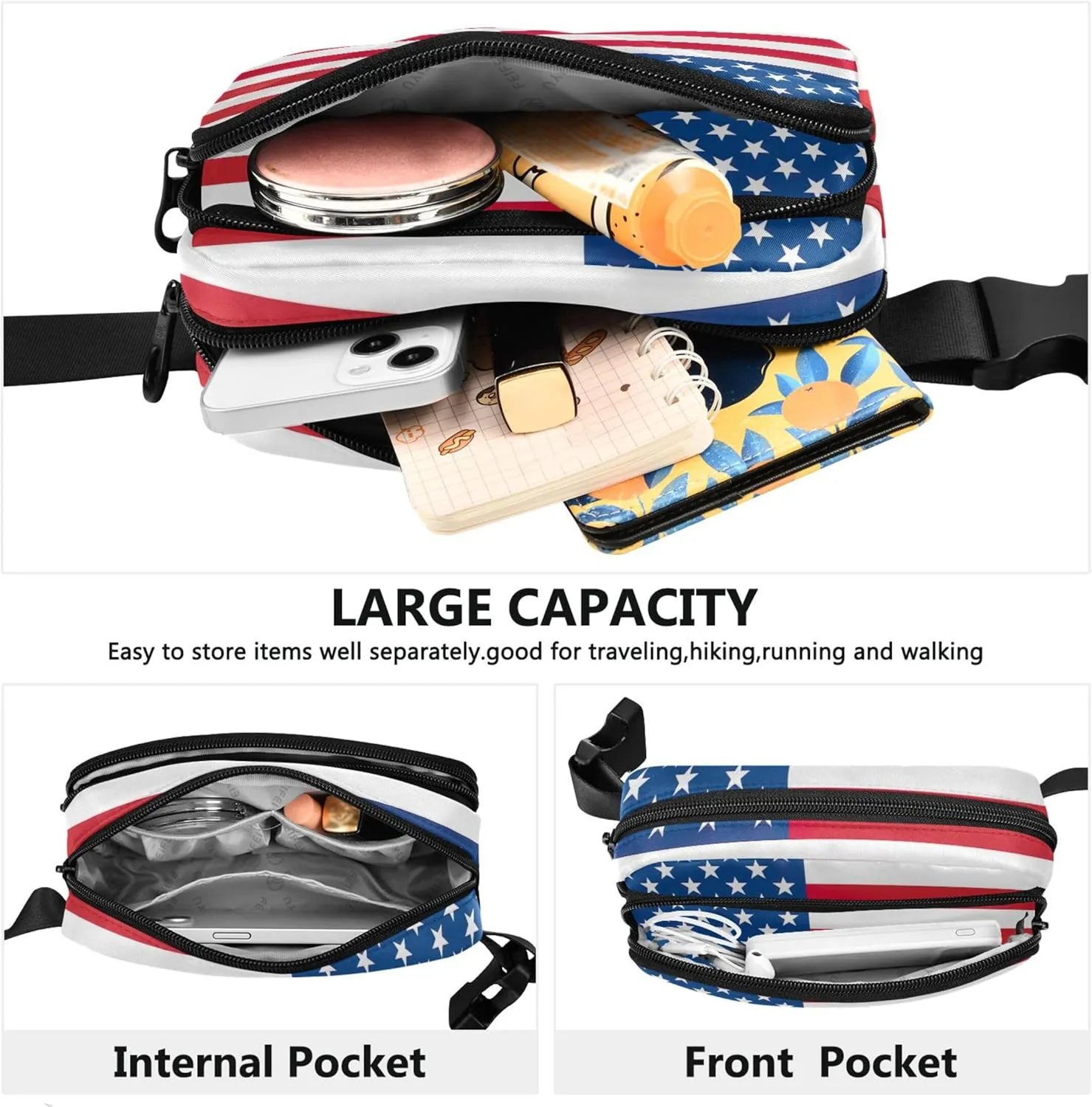 American USA Flag Fanny Packs Women Anti Theft Belt Bag Waterproof Flower Crossbody Waist Purse