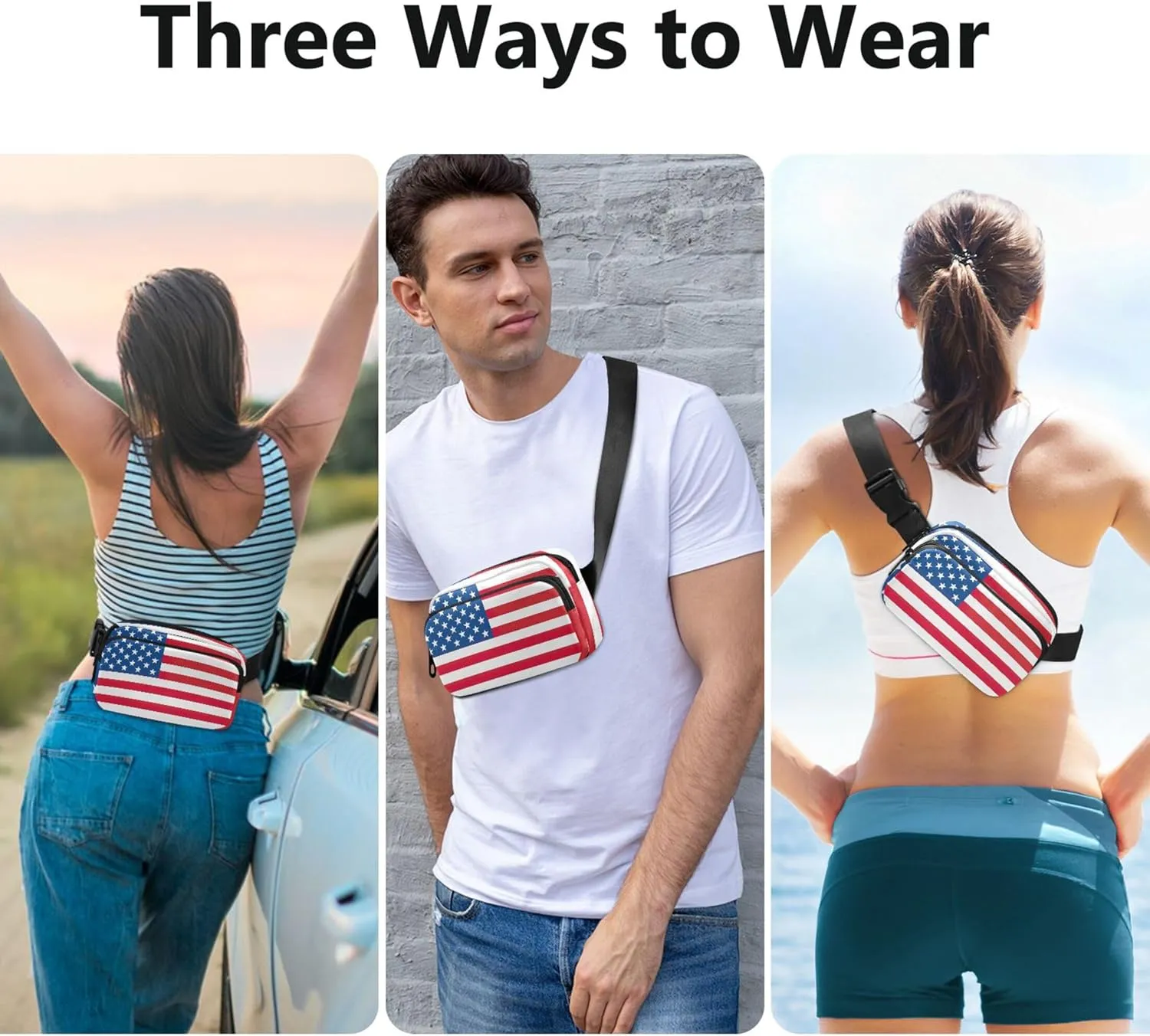 American USA Flag Fanny Packs Women Anti Theft Belt Bag Waterproof Flower Crossbody Waist Purse