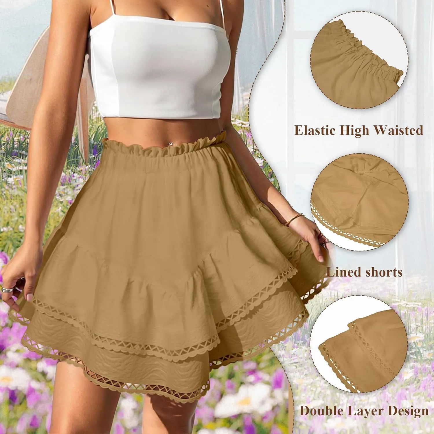 Ammiko Flowy Shorts for Women Summer Ruffle Tiered Skirt Casual Crochet Boho Skorts High Waist Mini Skirts Golf Tennis