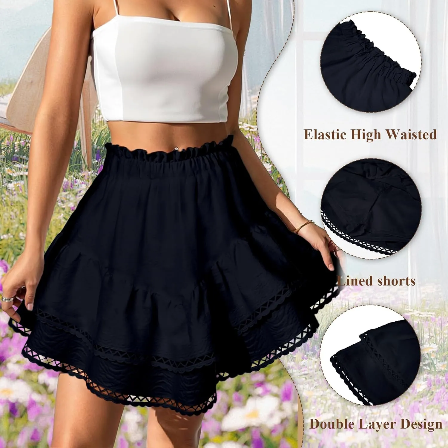 Ammiko Flowy Shorts for Women Summer Ruffle Tiered Skirt Casual Crochet Boho Skorts High Waist Mini Skirts Golf Tennis