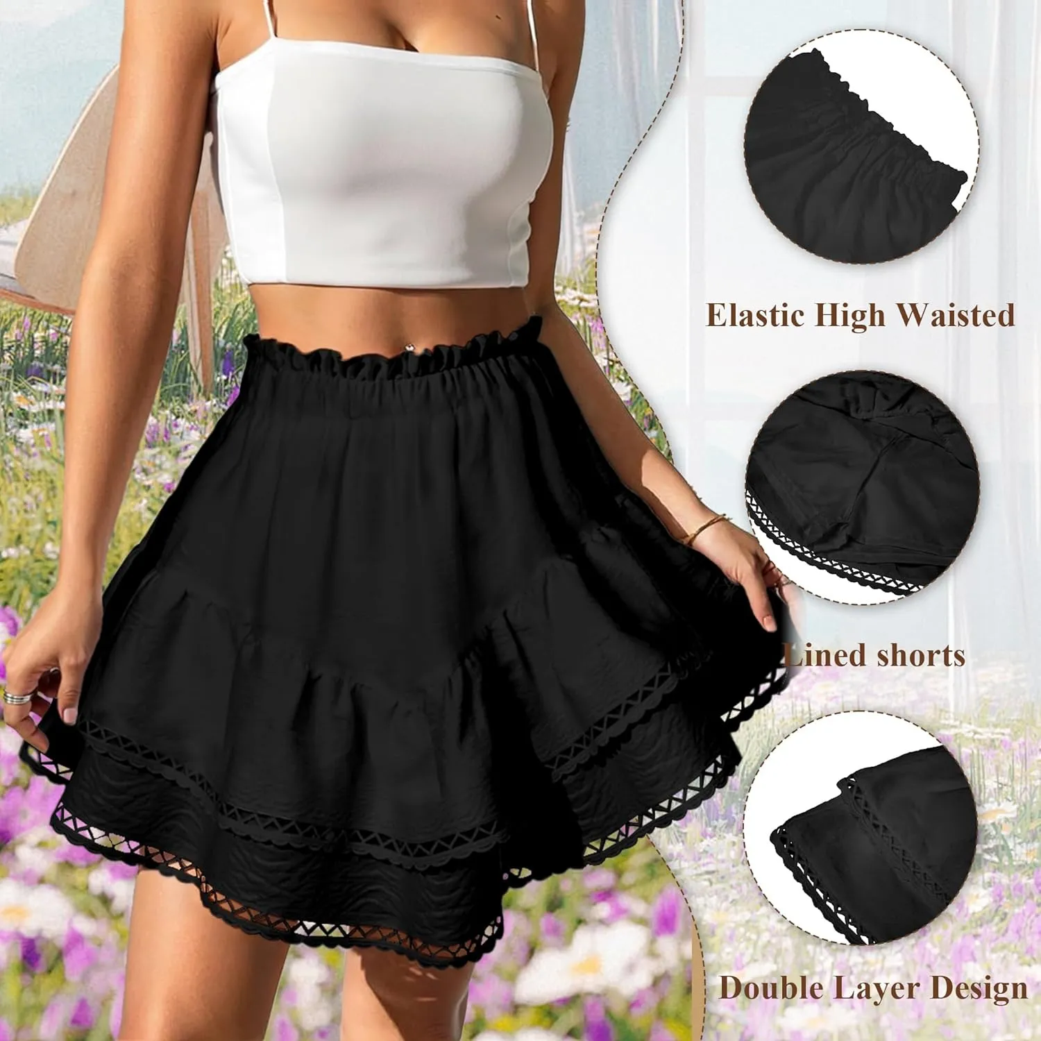 Ammiko Flowy Shorts for Women Summer Ruffle Tiered Skirt Casual Crochet Boho Skorts High Waist Mini Skirts Golf Tennis