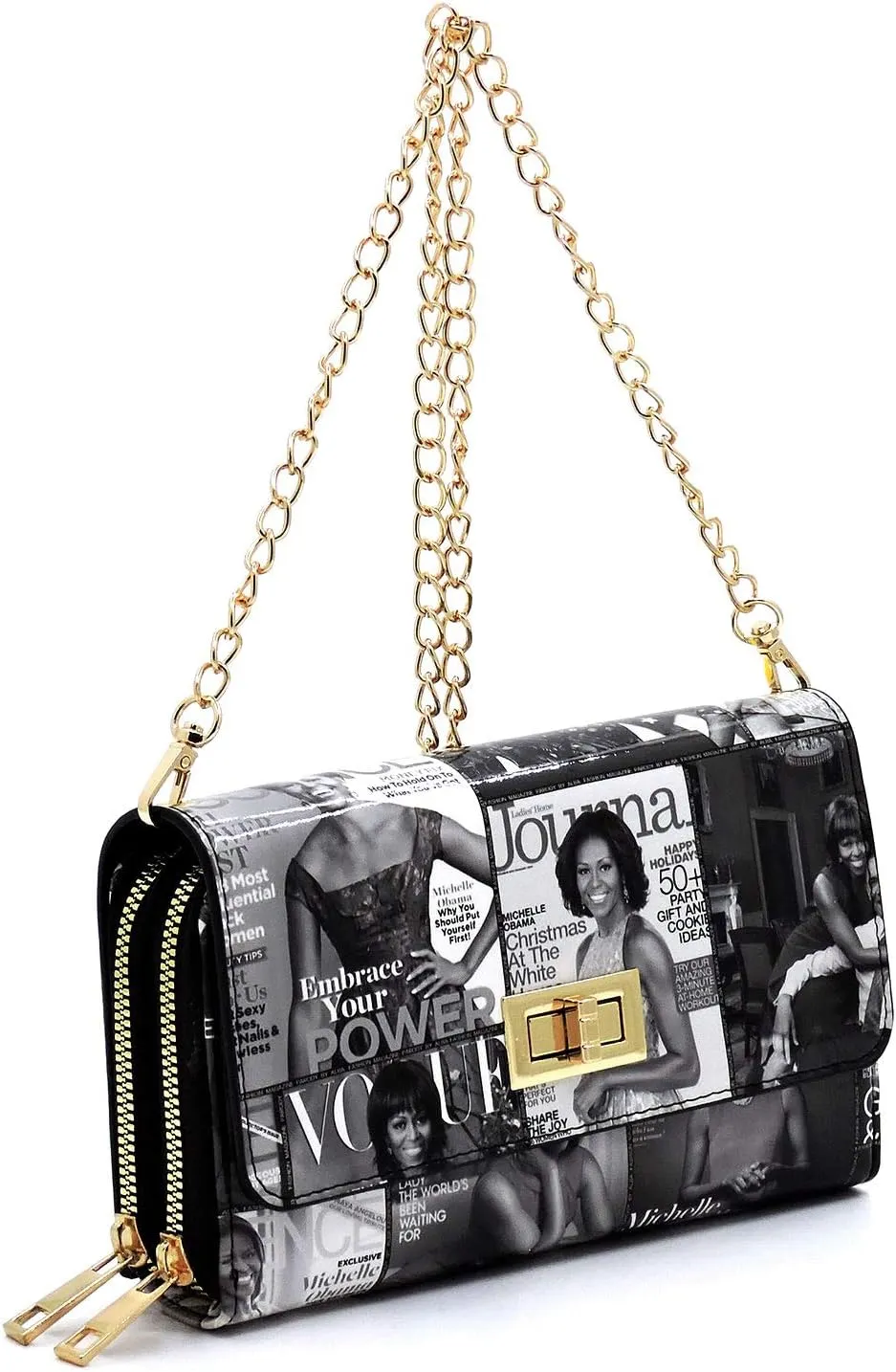 Amy & Joey Glossy Magazine Cover Collage Michelle Obama Printed Crossbody Wallet Clutch Bags with Flap and Zip Around Closure (Double Zip-Grey/Black)