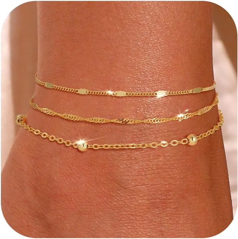 Ankle Bracelet for Women - 14K Gold Plated Ankle Bracelets Waterproof Cuban Link Heart Beads Herringbone Pearl Anklet Bracelets for Women