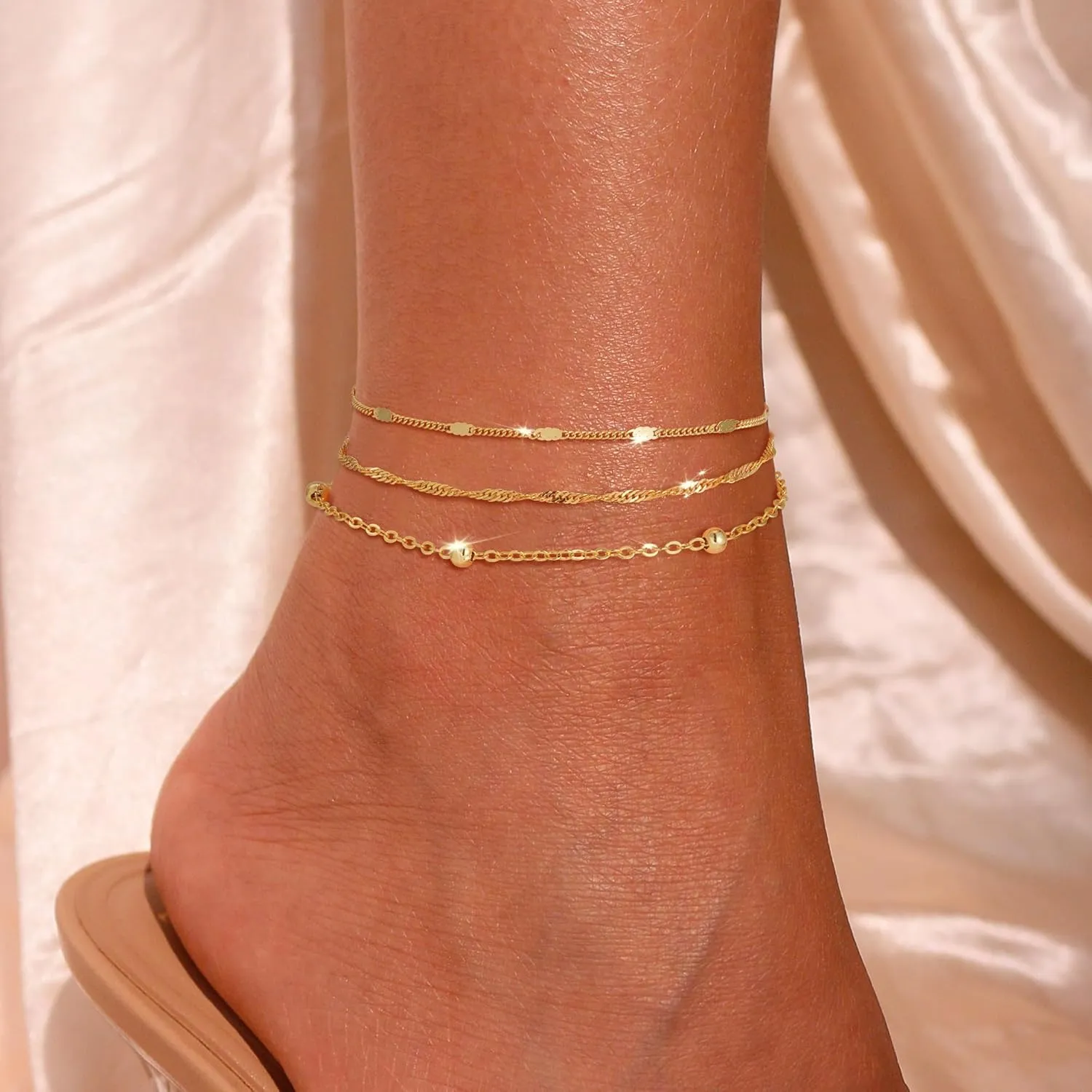 Ankle Bracelet for Women - 14K Gold Plated Ankle Bracelets Waterproof Cuban Link Heart Beads Herringbone Pearl Anklet Bracelets for Women