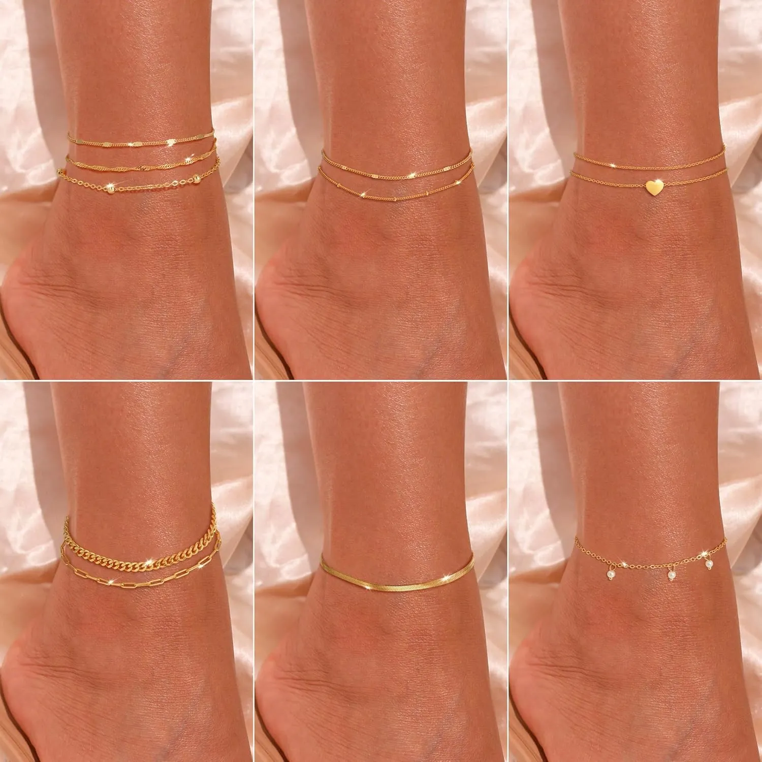 Ankle Bracelet for Women - 14K Gold Plated Ankle Bracelets Waterproof Cuban Link Heart Beads Herringbone Pearl Anklet Bracelets for Women