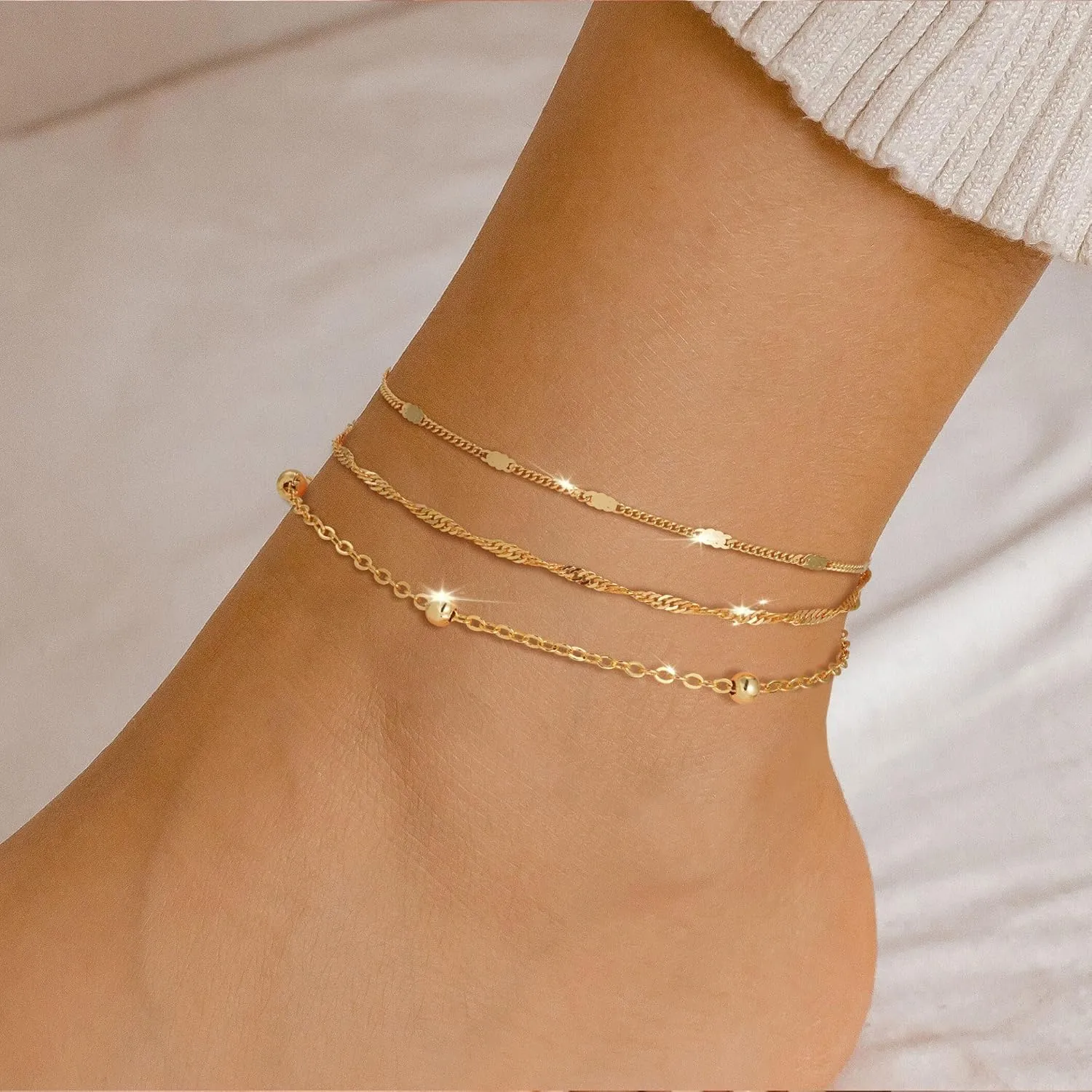 Ankle Bracelet for Women - 14K Gold Plated Ankle Bracelets Waterproof Cuban Link Heart Beads Herringbone Pearl Anklet Bracelets for Women