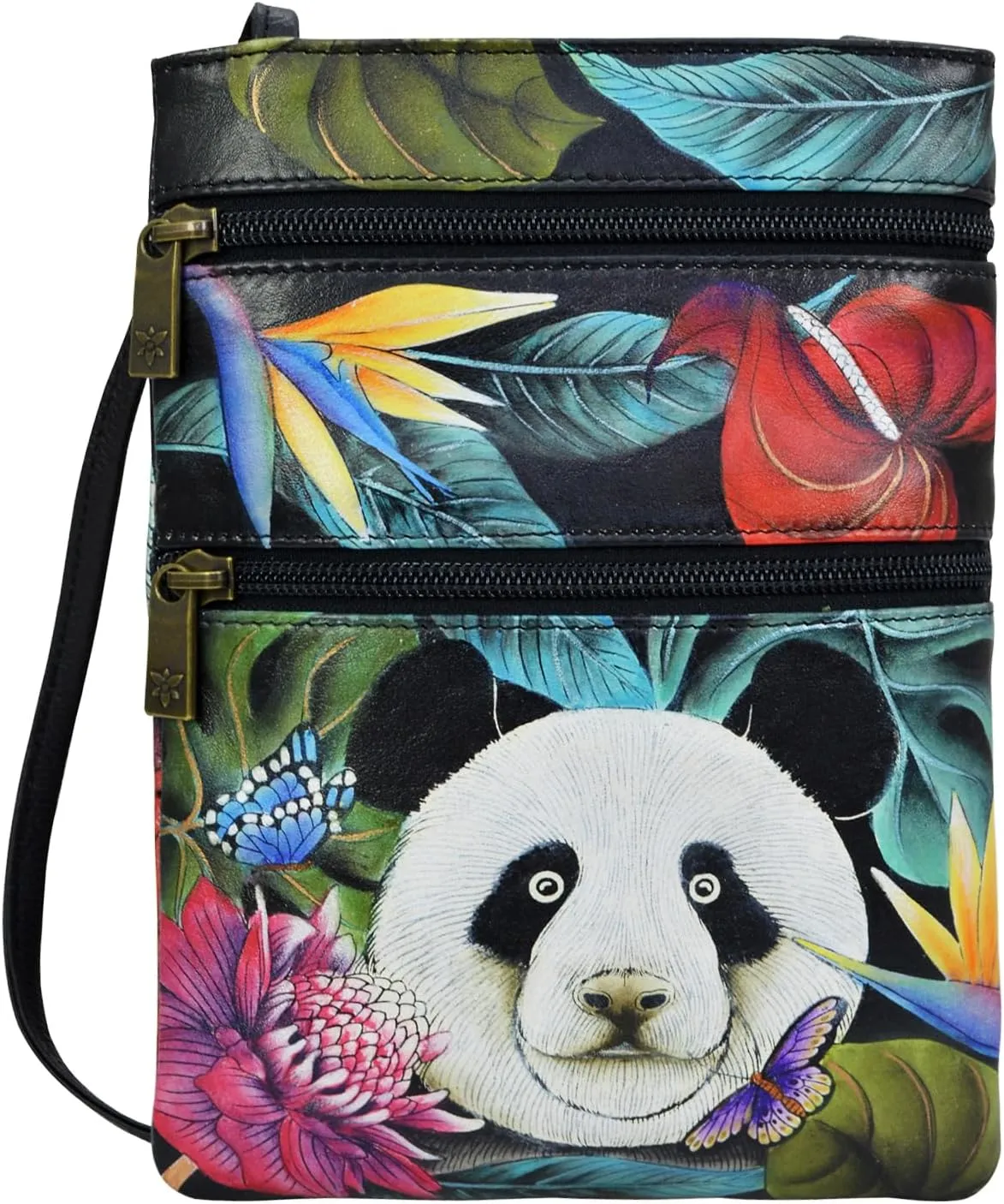 Anuschka Womens Hand Painted Genuine Leather Mini Double Zip Travel Crossbody - Magnetic Closure, ID Holder & Optical Case