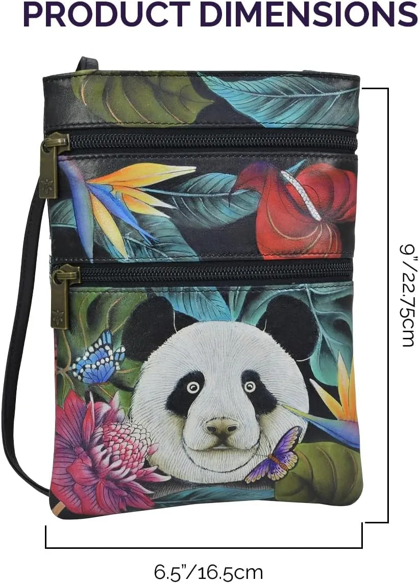 Anuschka Womens Hand Painted Genuine Leather Mini Double Zip Travel Crossbody - Magnetic Closure, ID Holder & Optical Case