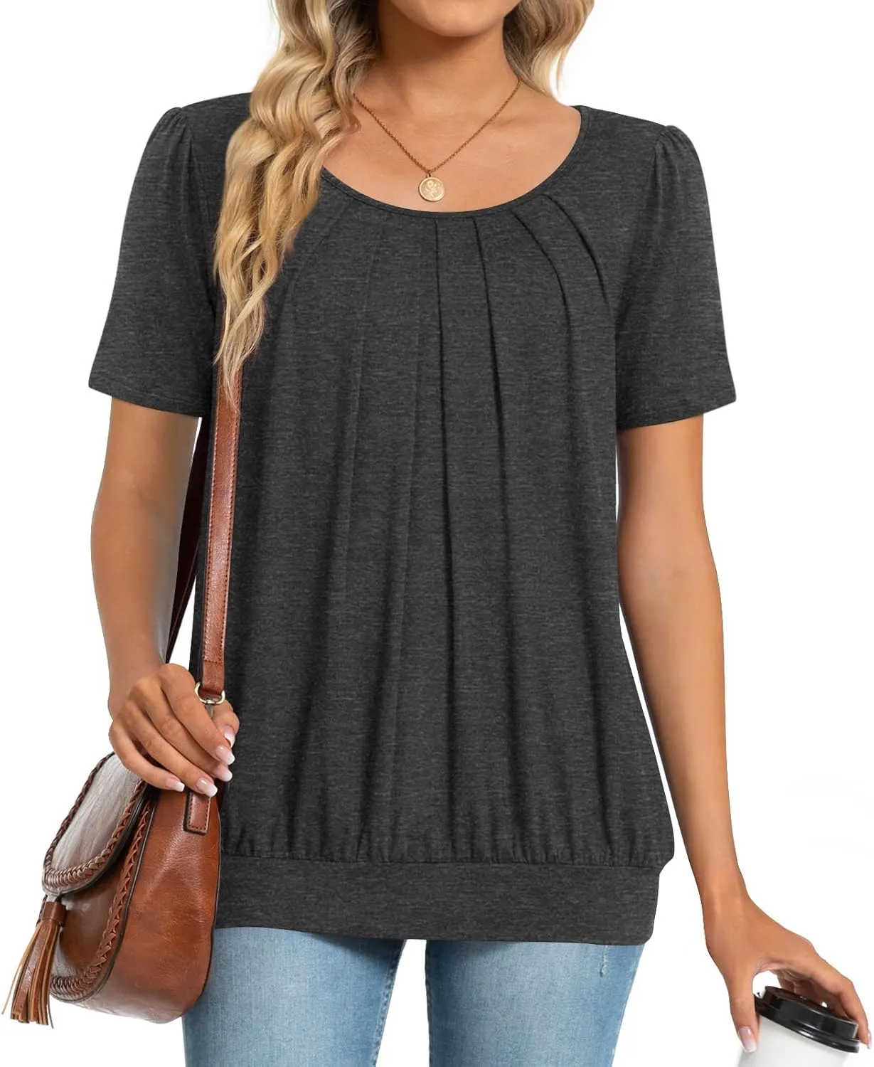 Anymeet 2025 Women's Spring Summer Tunic Tops Short Sleeve Casual Tshirt for Leggings Pleated Blouses