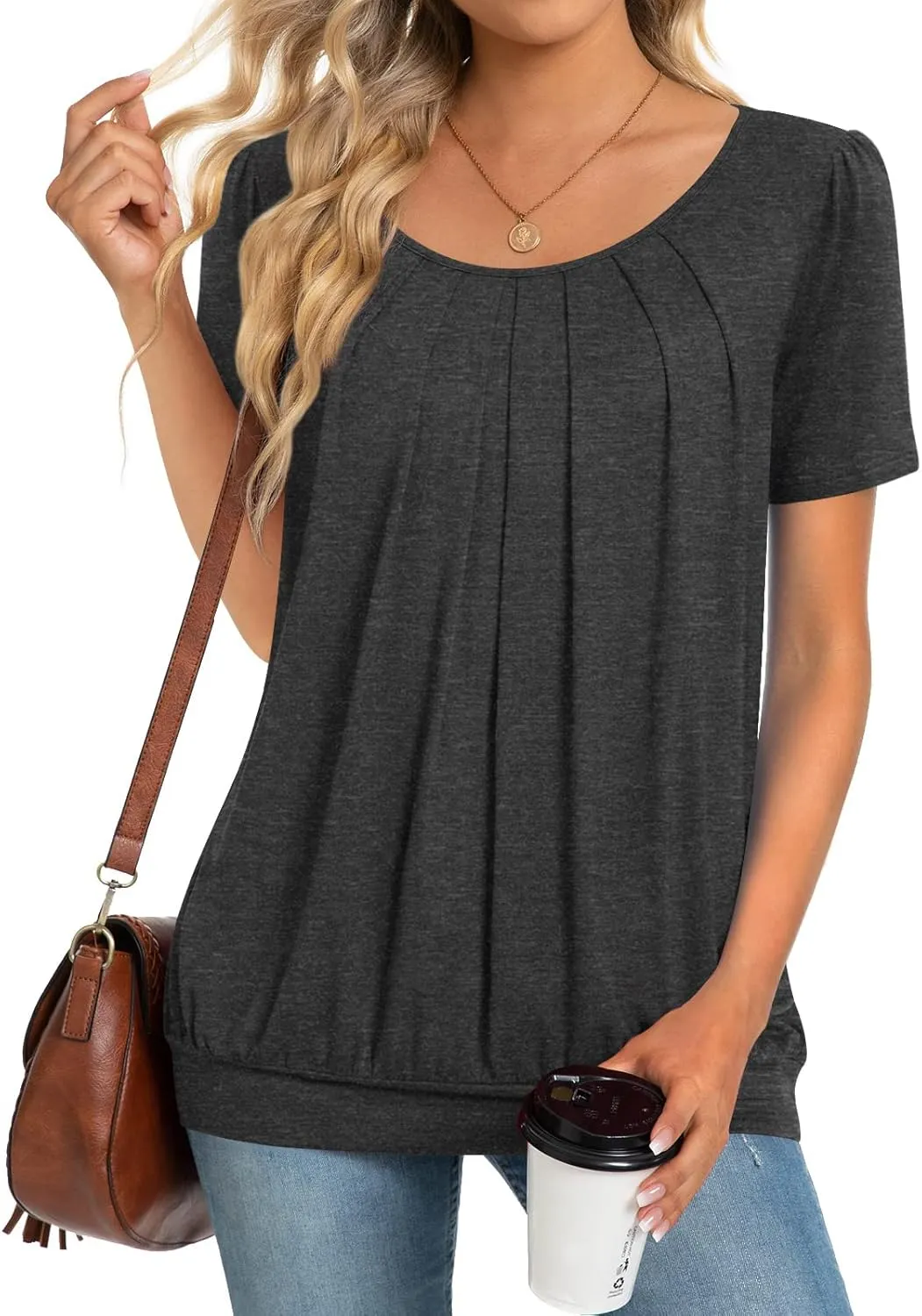 Anymeet 2025 Women's Spring Summer Tunic Tops Short Sleeve Casual Tshirt for Leggings Pleated Blouses