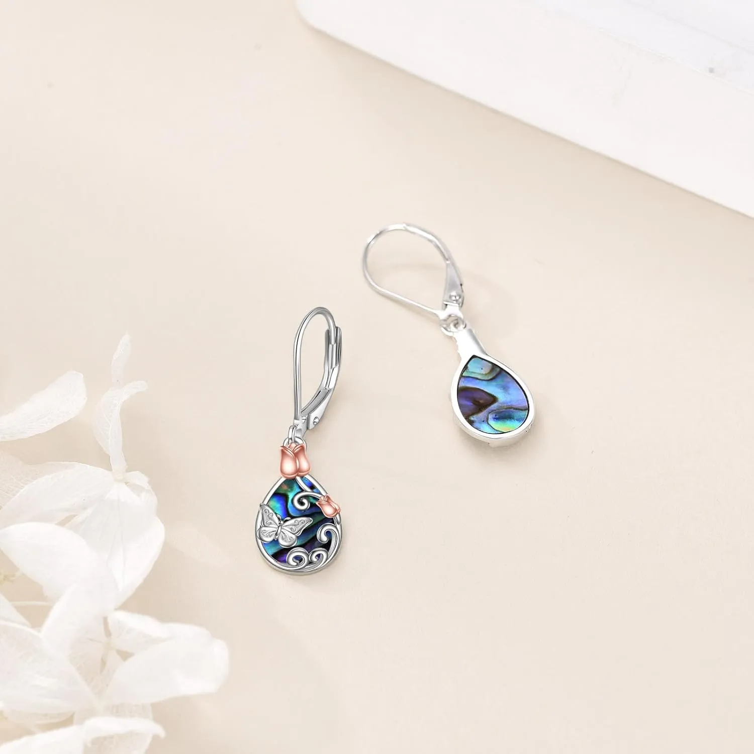 AOBOCO Butterfly/Dragonfly/Bee Leverback Earrings 925 Sterling Silver Rose Lotus Tulip Flower Filigree Dangle Earrings Teardrop Moonstone Larimar Turquoise Abalone Shell Jewelry Birthday Gifts for Women