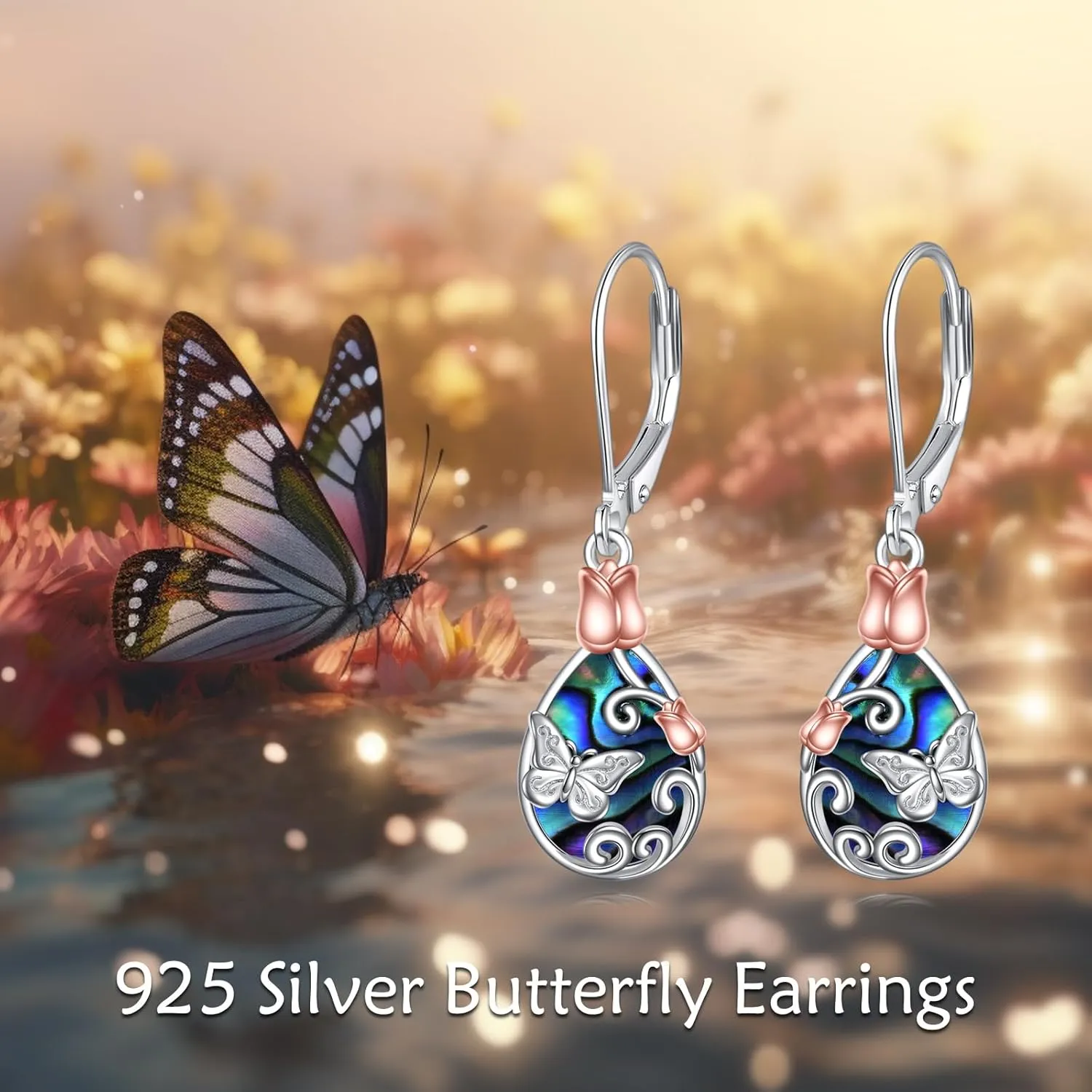 AOBOCO Butterfly/Dragonfly/Bee Leverback Earrings 925 Sterling Silver Rose Lotus Tulip Flower Filigree Dangle Earrings Teardrop Moonstone Larimar Turquoise Abalone Shell Jewelry Birthday Gifts for Women