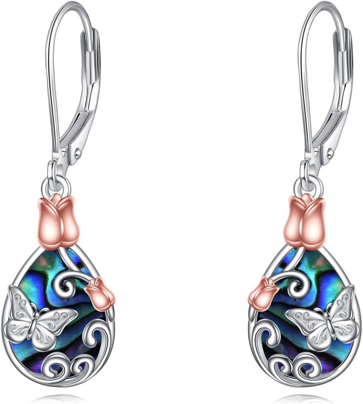 AOBOCO Butterfly/Dragonfly/Bee Leverback Earrings 925 Sterling Silver Rose Lotus Tulip Flower Filigree Dangle Earrings Teardrop Moonstone Larimar Turquoise Abalone Shell Jewelry Birthday Gifts for Women