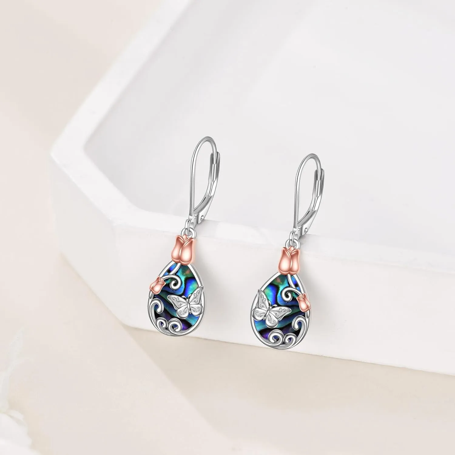 AOBOCO Butterfly/Dragonfly/Bee Leverback Earrings 925 Sterling Silver Rose Lotus Tulip Flower Filigree Dangle Earrings Teardrop Moonstone Larimar Turquoise Abalone Shell Jewelry Birthday Gifts for Women