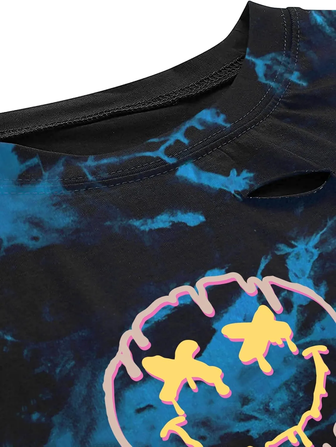 Avanova Women Tie Dye Graphic Ripped Tee Shirt Oversized Short Sleeve Distressed Crop Top