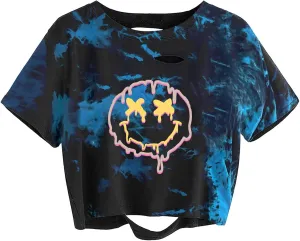 Avanova Women Tie Dye Graphic Ripped Tee Shirt Oversized Short Sleeve Distressed Crop Top
