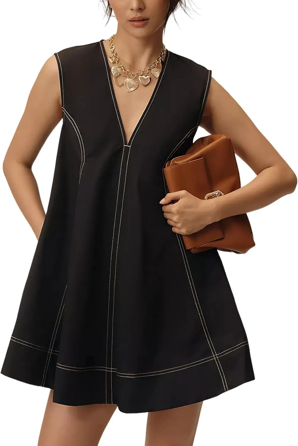 Bankeng Womens Summer Sleeveless V Neck Mini Dress A Line Short Sundress Beach Mini Dress with Pockets